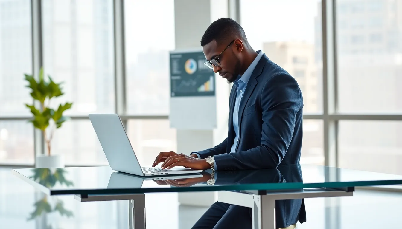 professional using a laptop in a modern office setting.