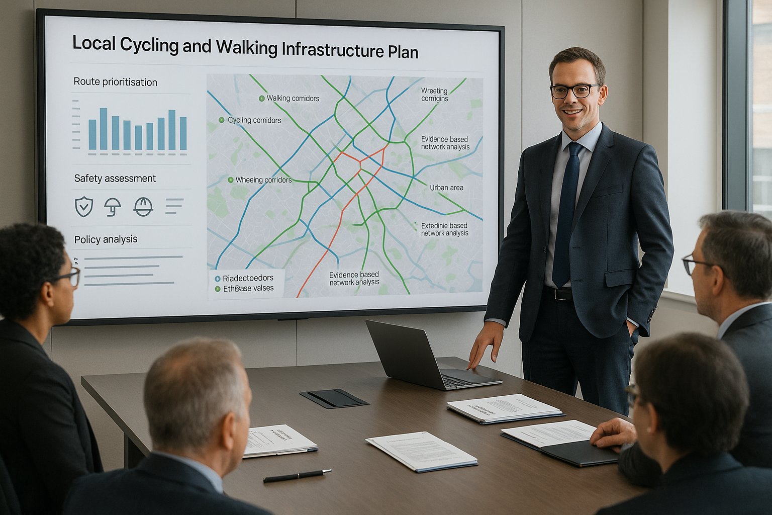 Consultant presenting cycling and walking infrastructure plan to local authority team.