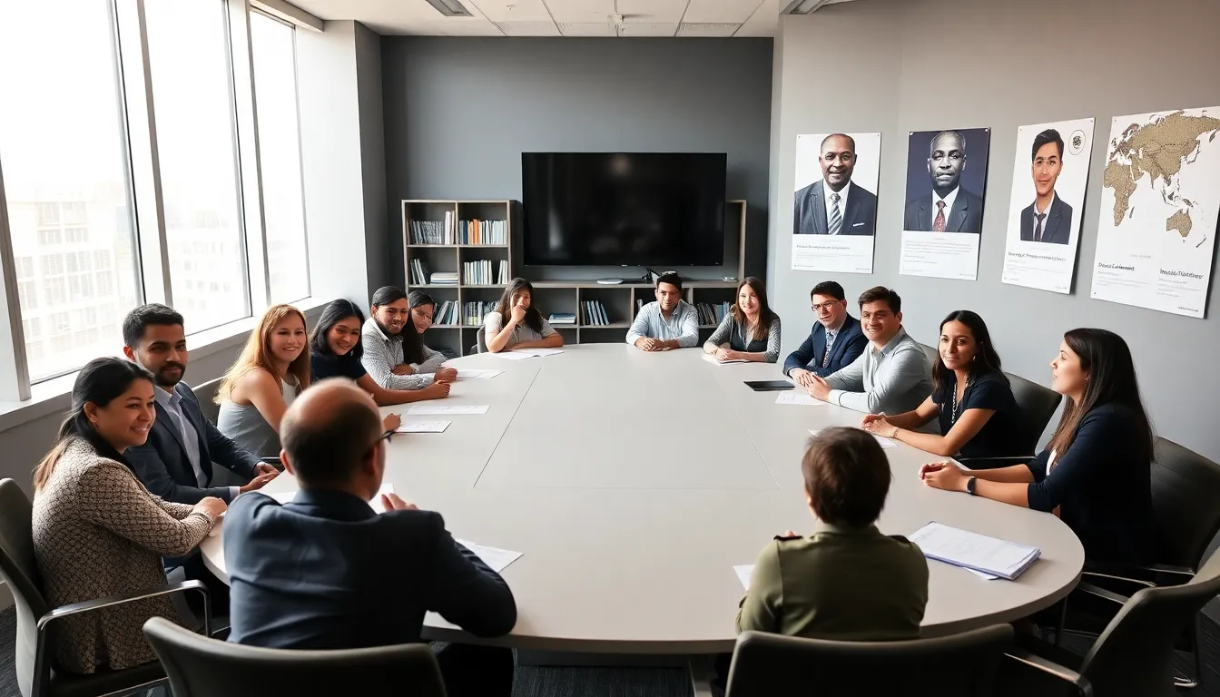 diverse students collaborating in a modern classroom at NYU Center for Global Affairs.