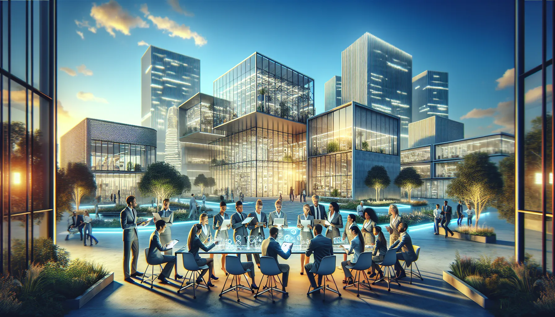 diverse professionals collaborating in a futuristic tech environment.