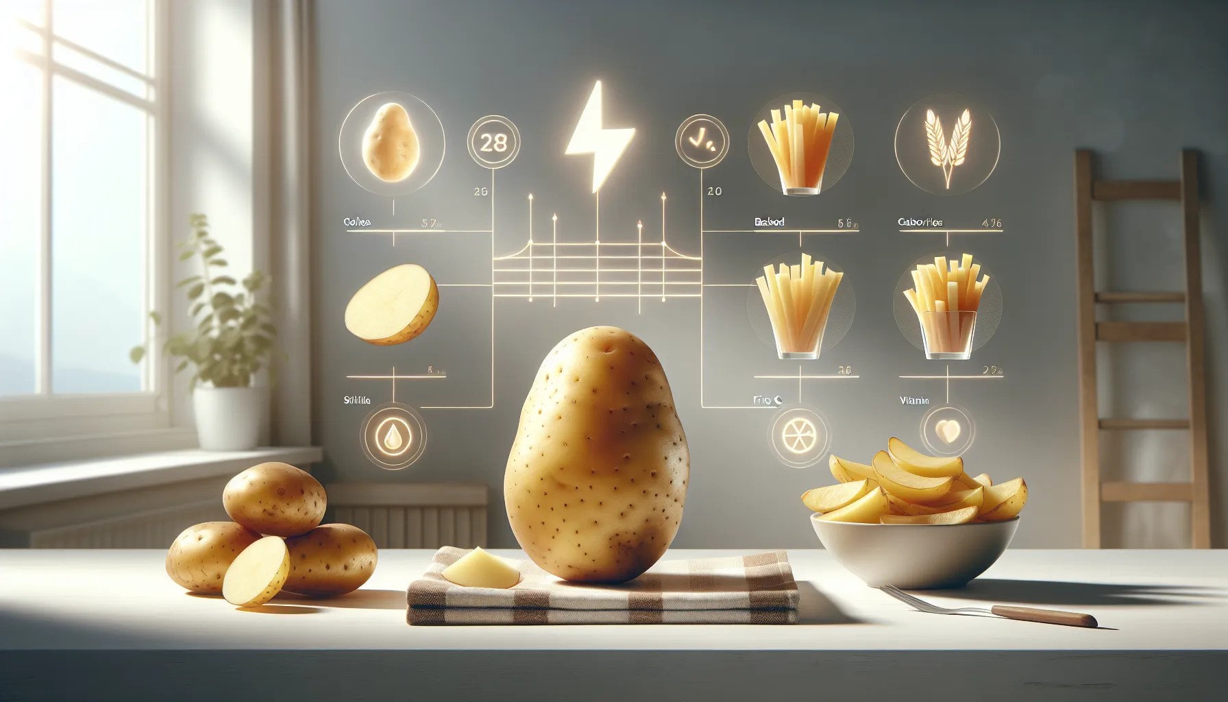 Sliced and cooked potatoes with nutritional icons on a modern white table.
