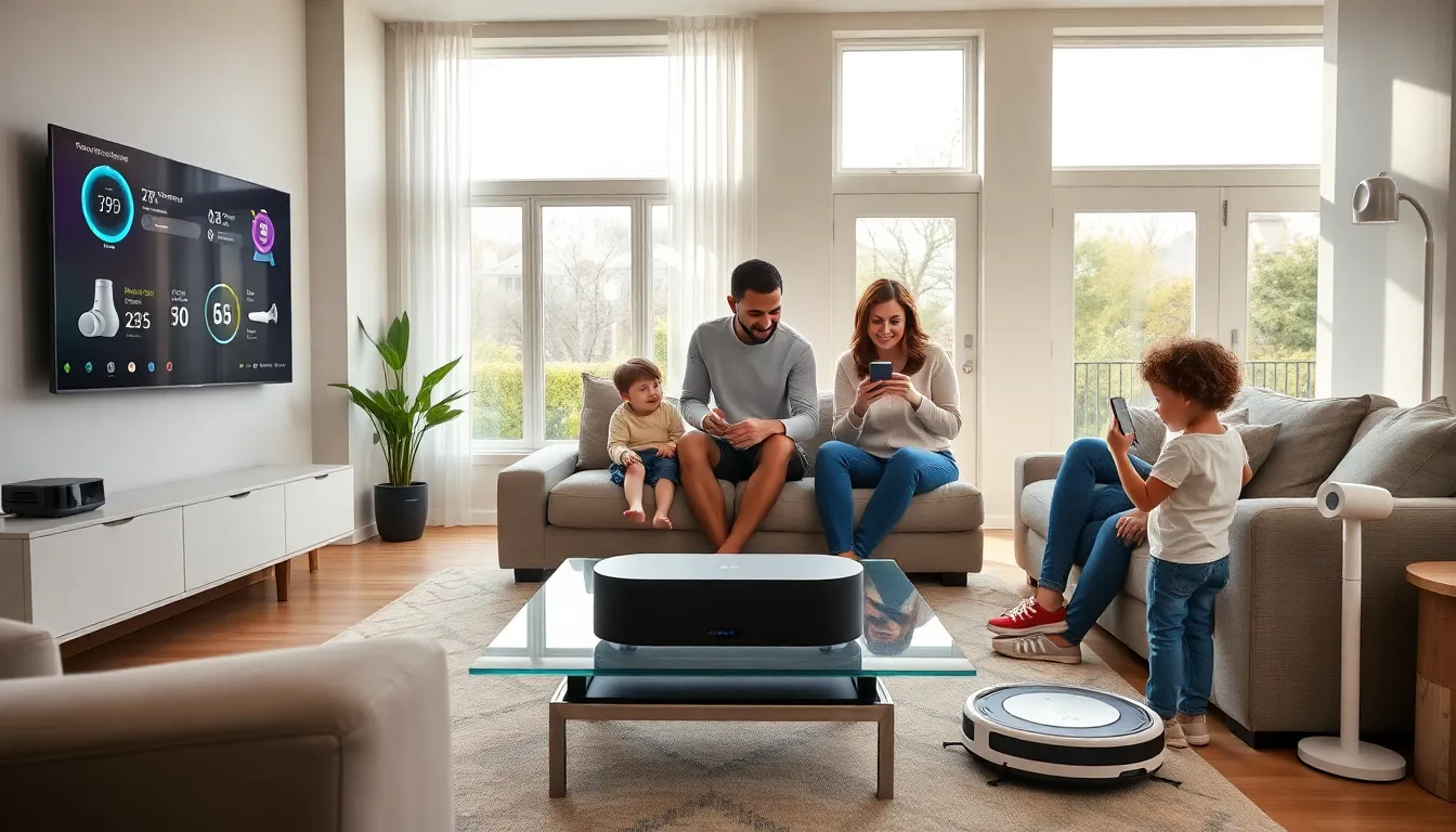 diverse family using Amazon smart home devices in a modern living room