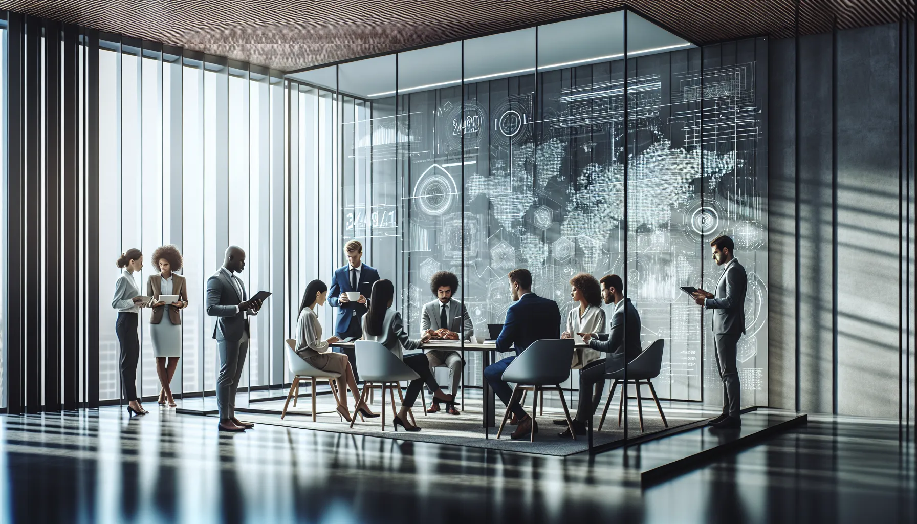 diverse professionals collaborating on digital technology in a modern office.