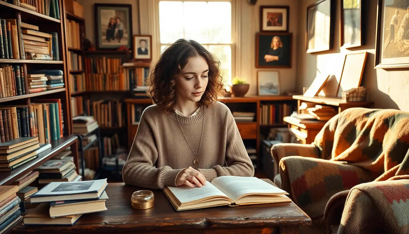a young woman writing in a cozy room filled with books.