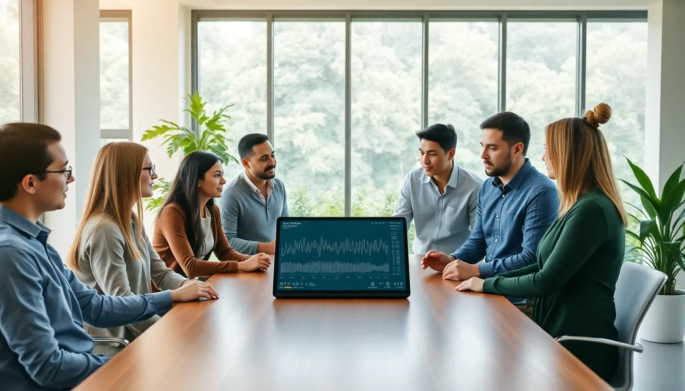 diverse team discussing Voice Sofconservation in a modern office.