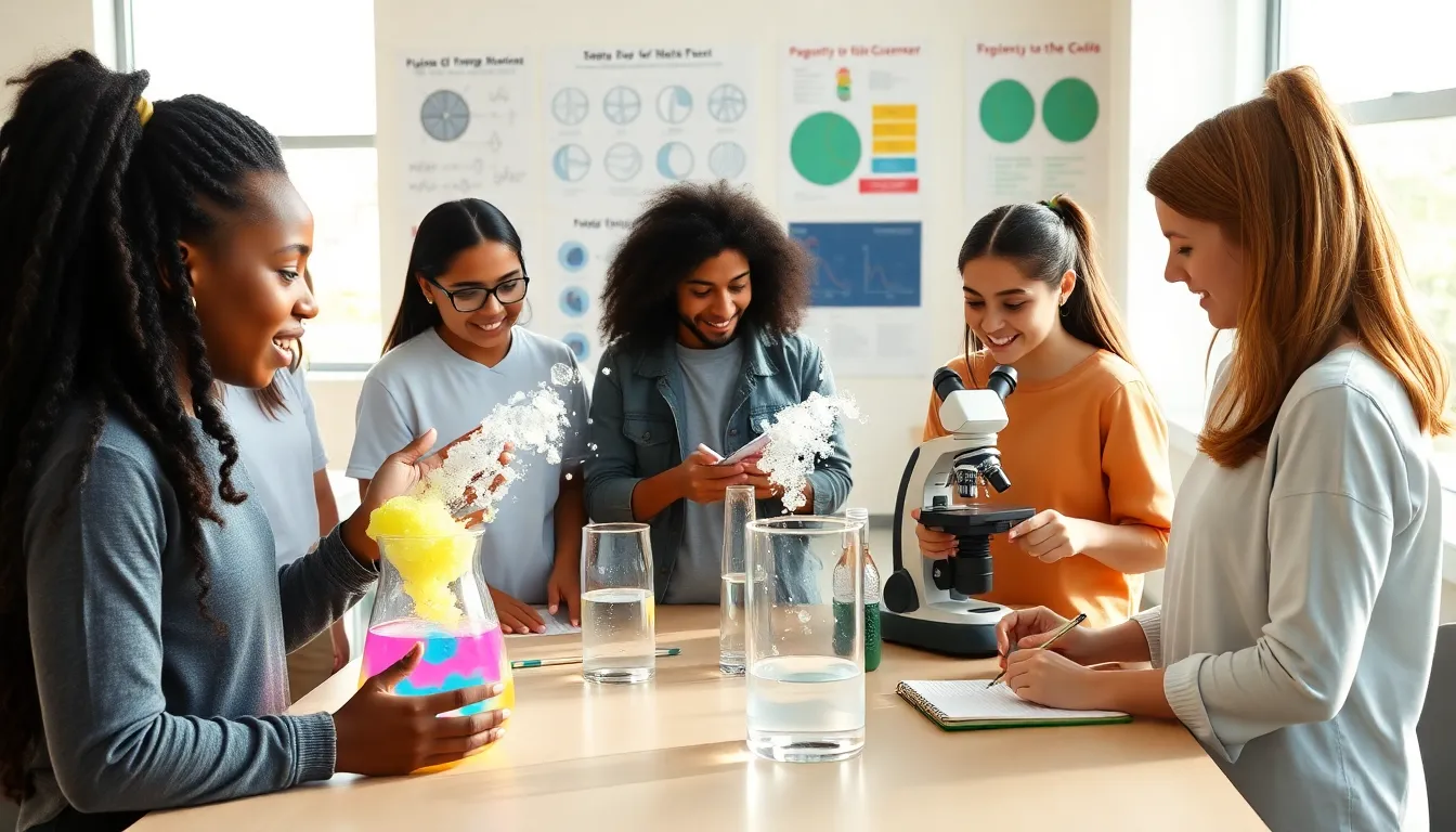 students engaged in hands-on integrated science experiments in a classroom.
