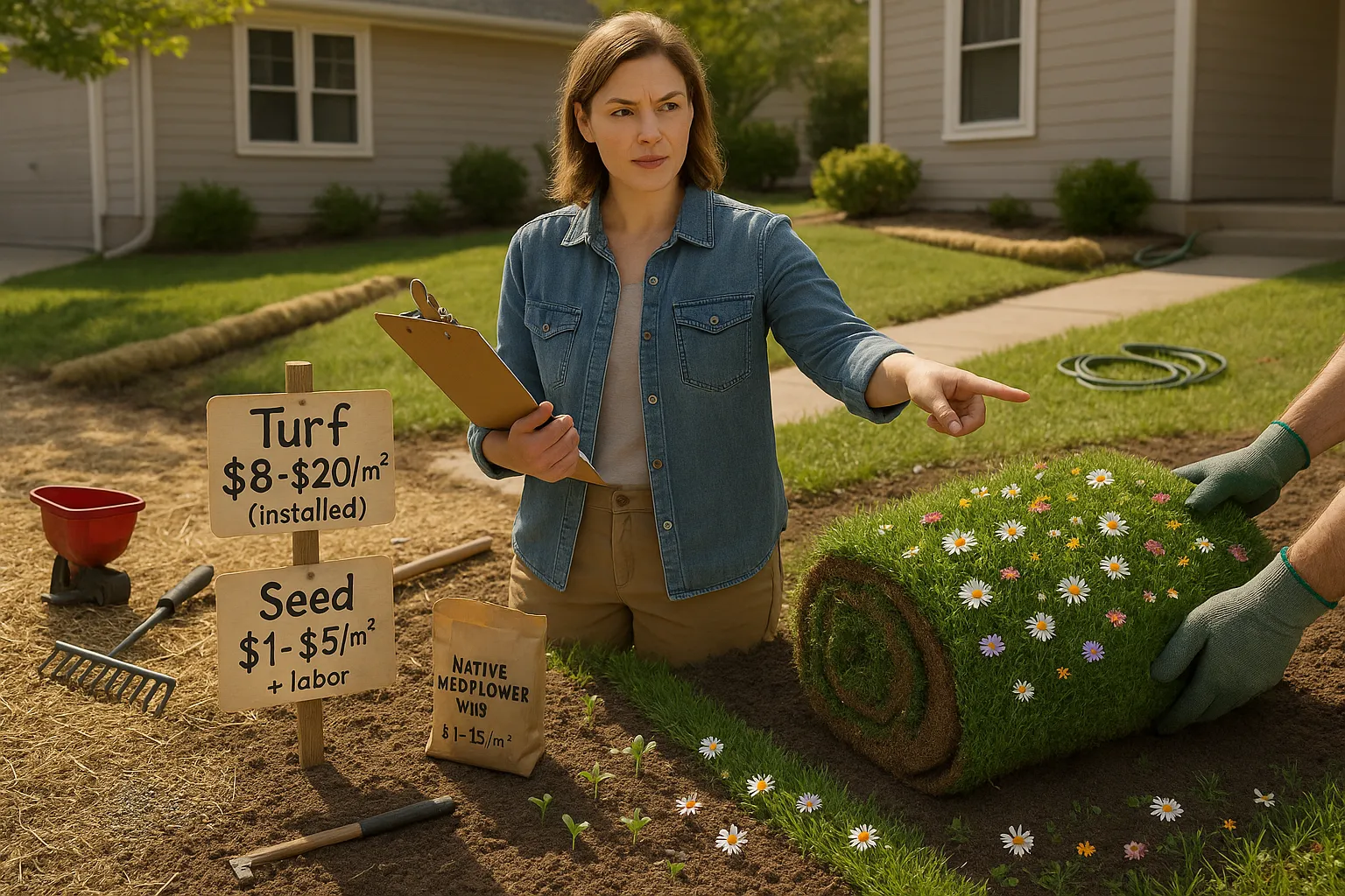 Homeowner comparing installed wildflower turf and newly sown seed with cost tags.