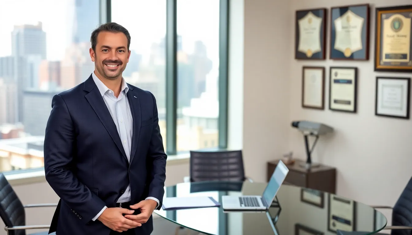 Timothy Homerocketrealty in a modern office with city skyline backdrop.