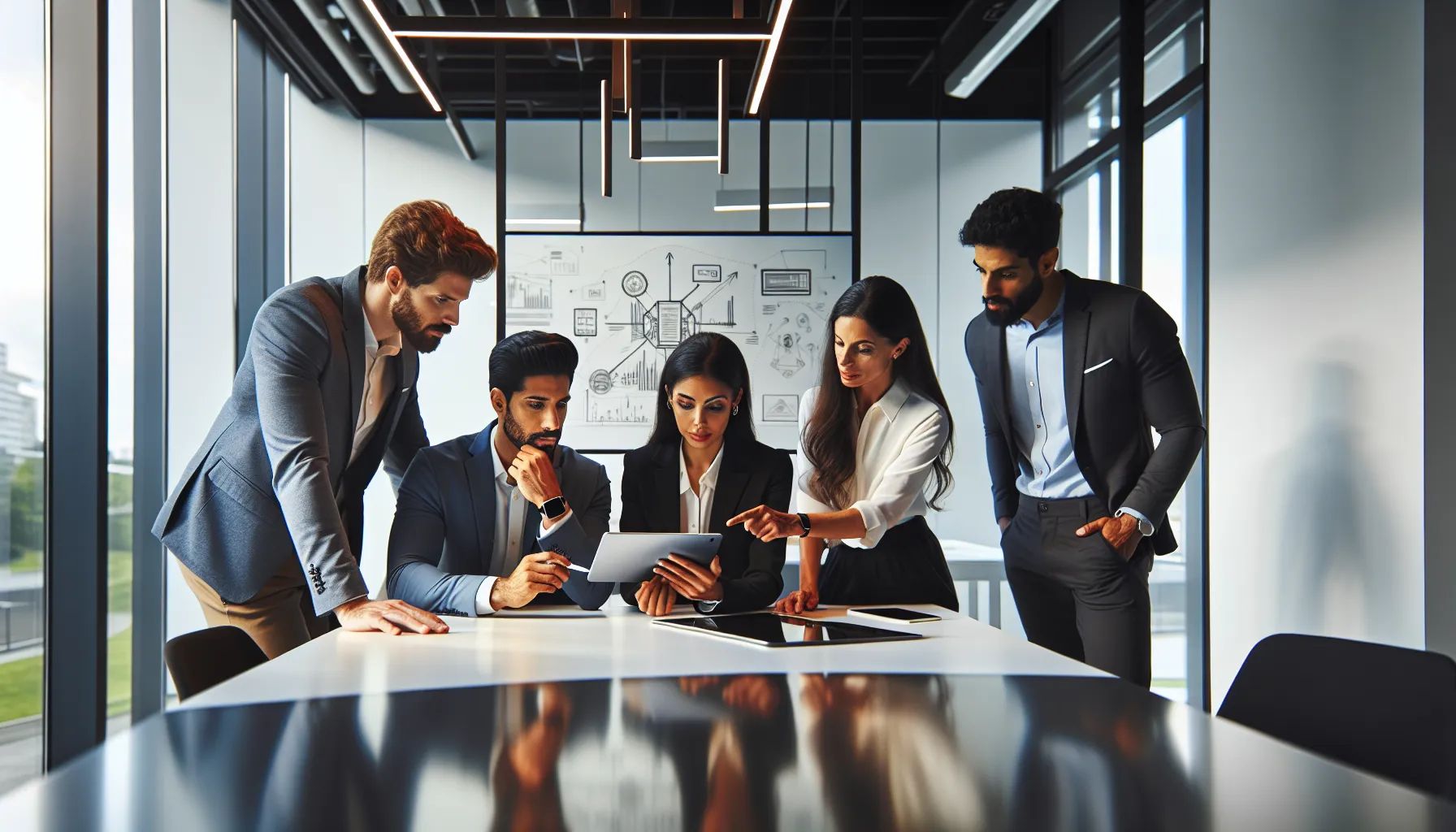 professionals discussing a numerical code in a modern office setting.