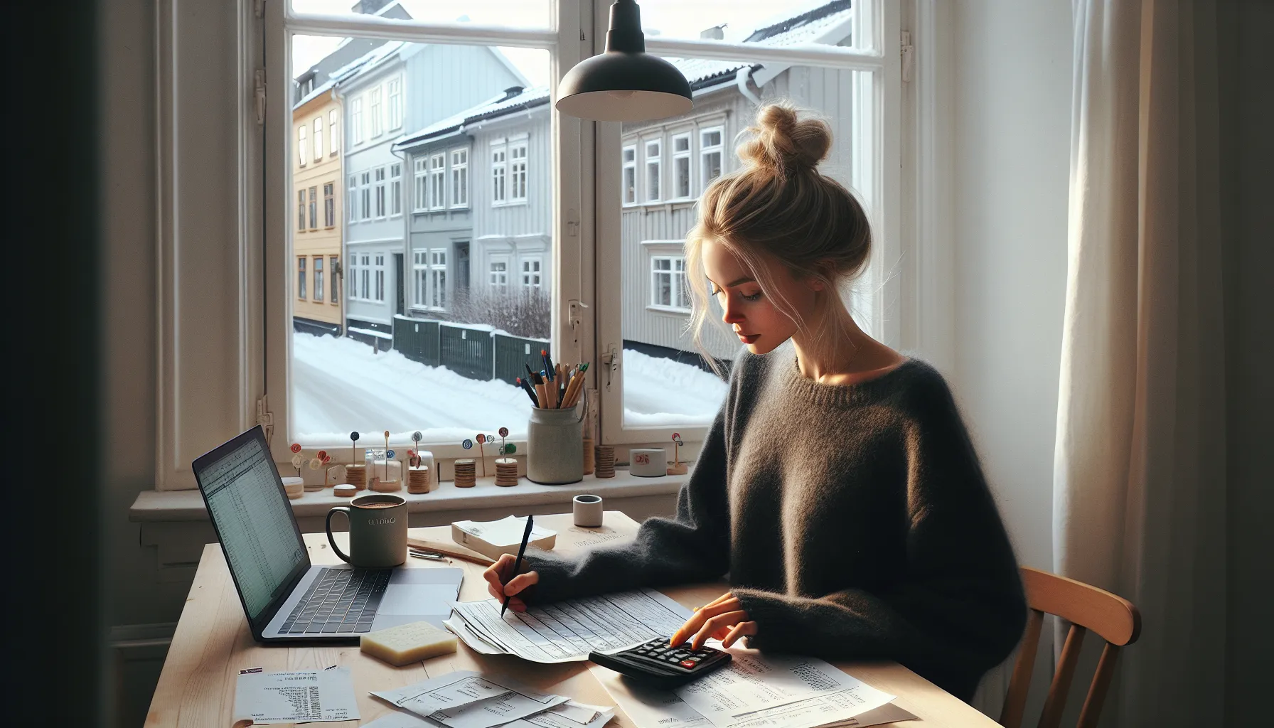 De beste regionene for førstegangskjøpere i norge 3 Young norwegian woman budgets first home costs with bsu, startlån, and housing flyers.