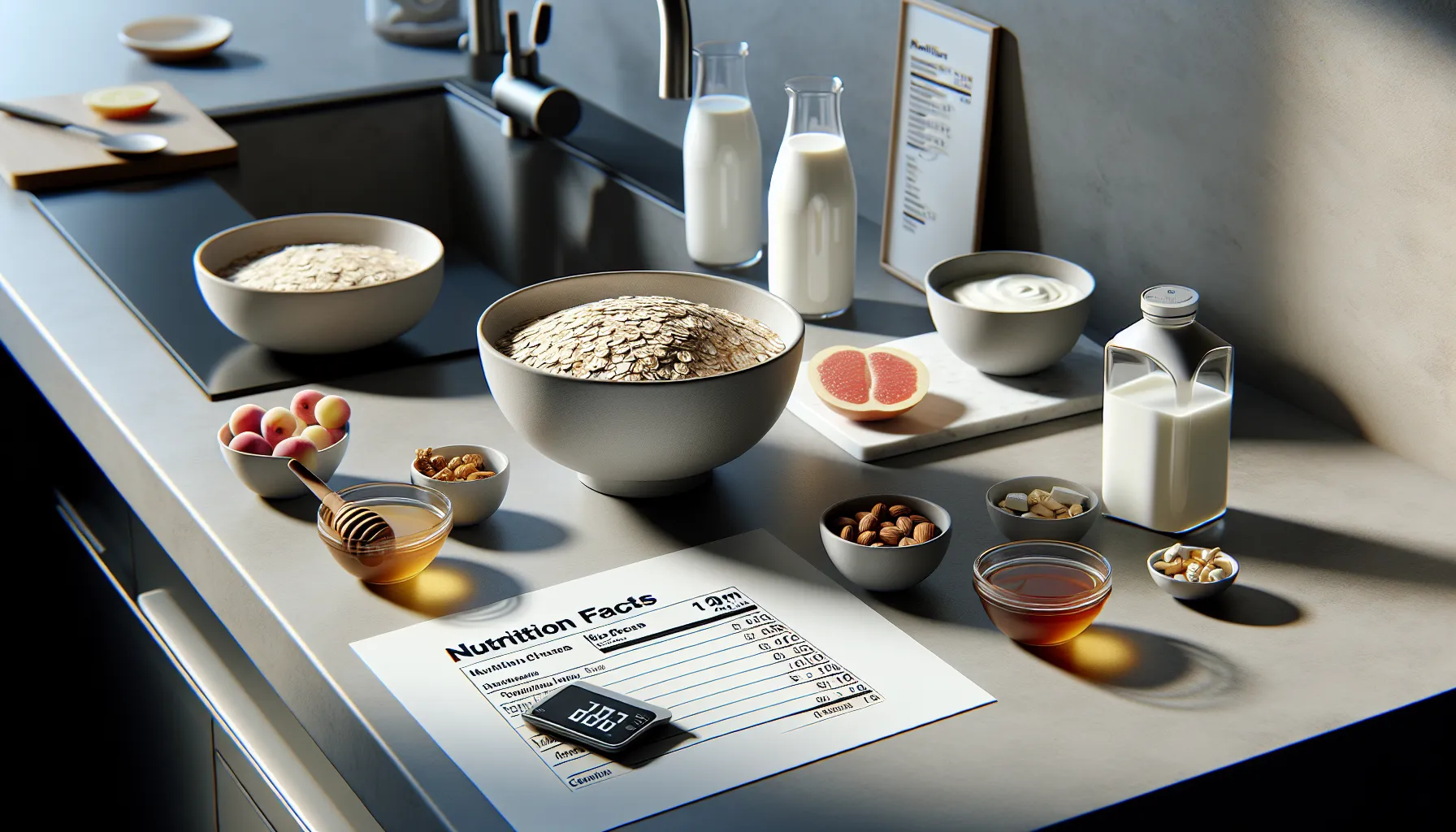 Oatmeal bowl with various healthy add-ins and nutrition facts table.