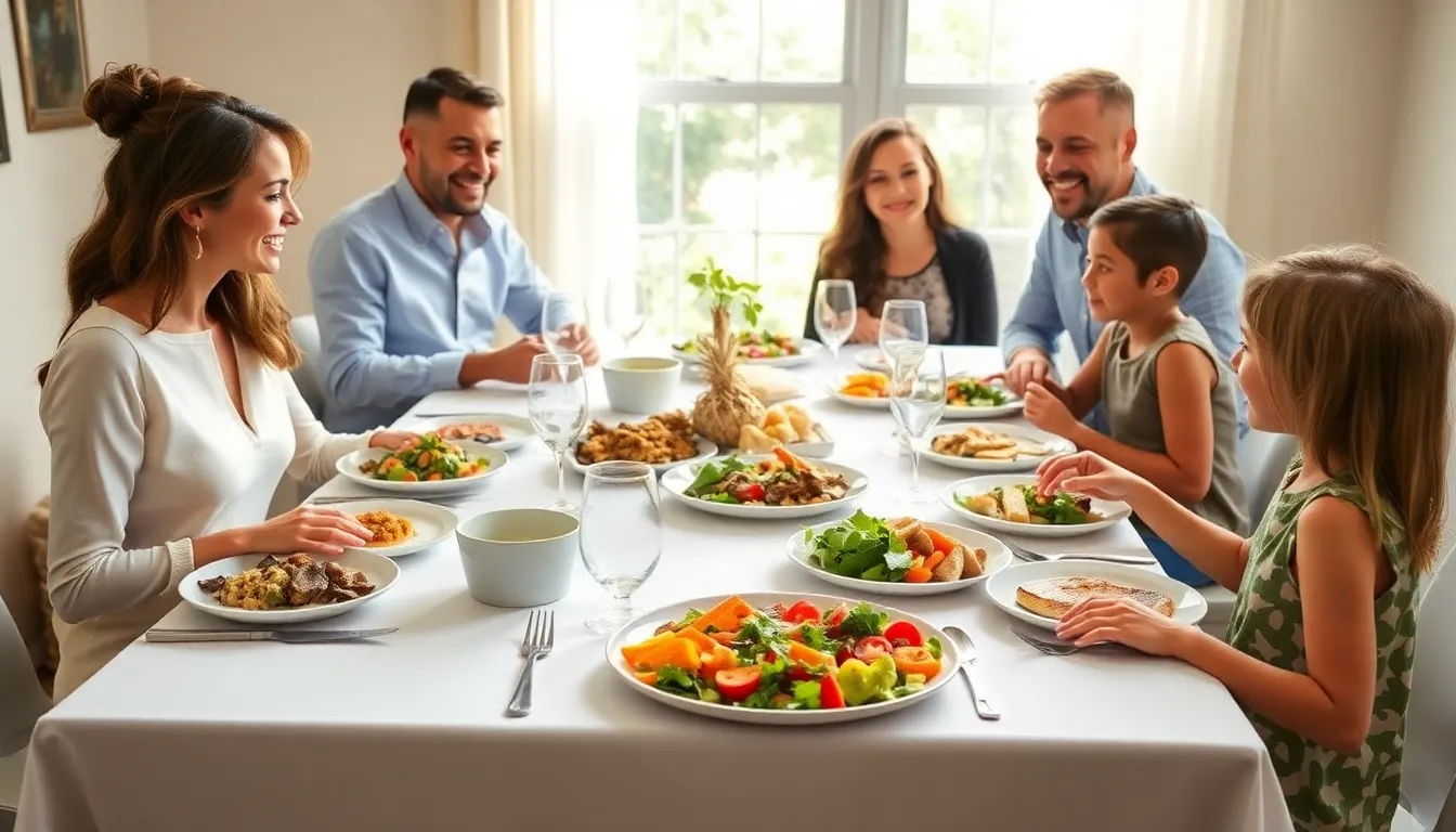 family enjoying a healthy Sunday dinner at a nicely set table.