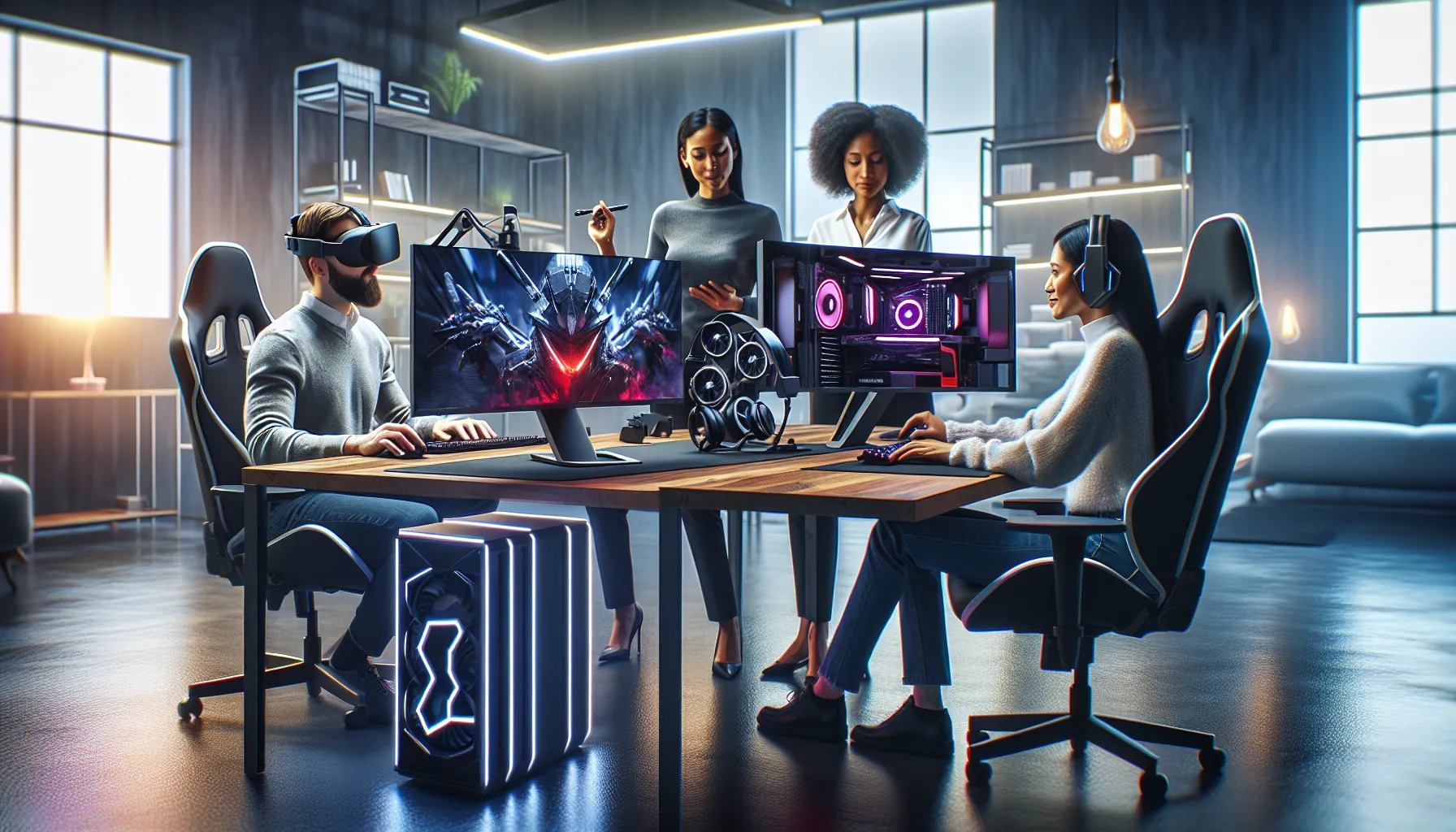 diverse team discussing technology innovation in a modern office.