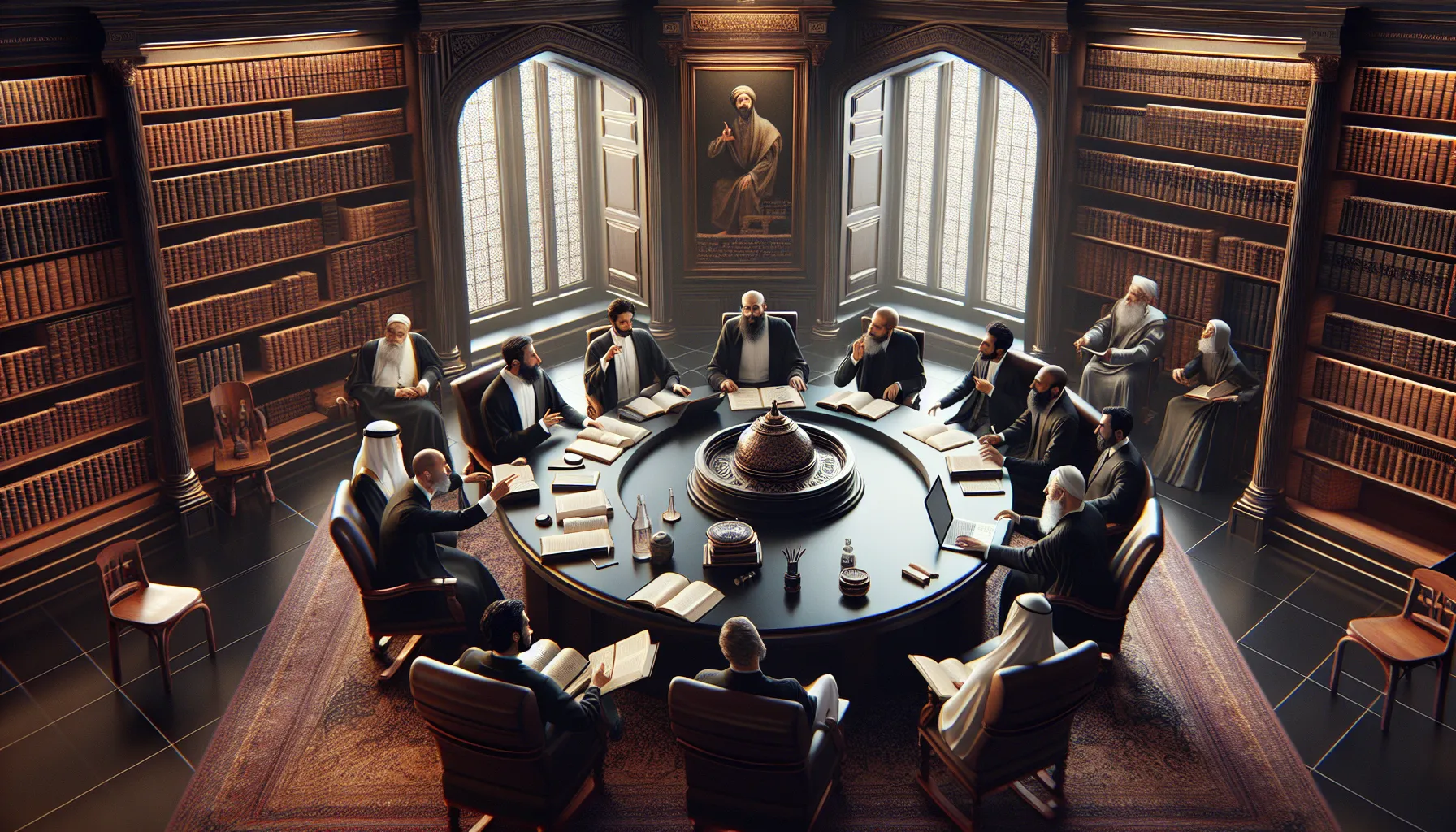 scholars discussing historical significance in a modern library.