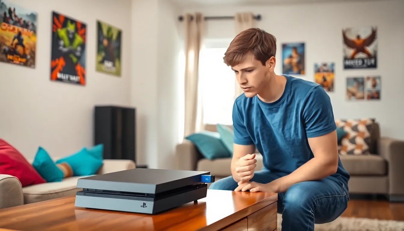 A young man updating a PS4 console via USB in a cozy living room.