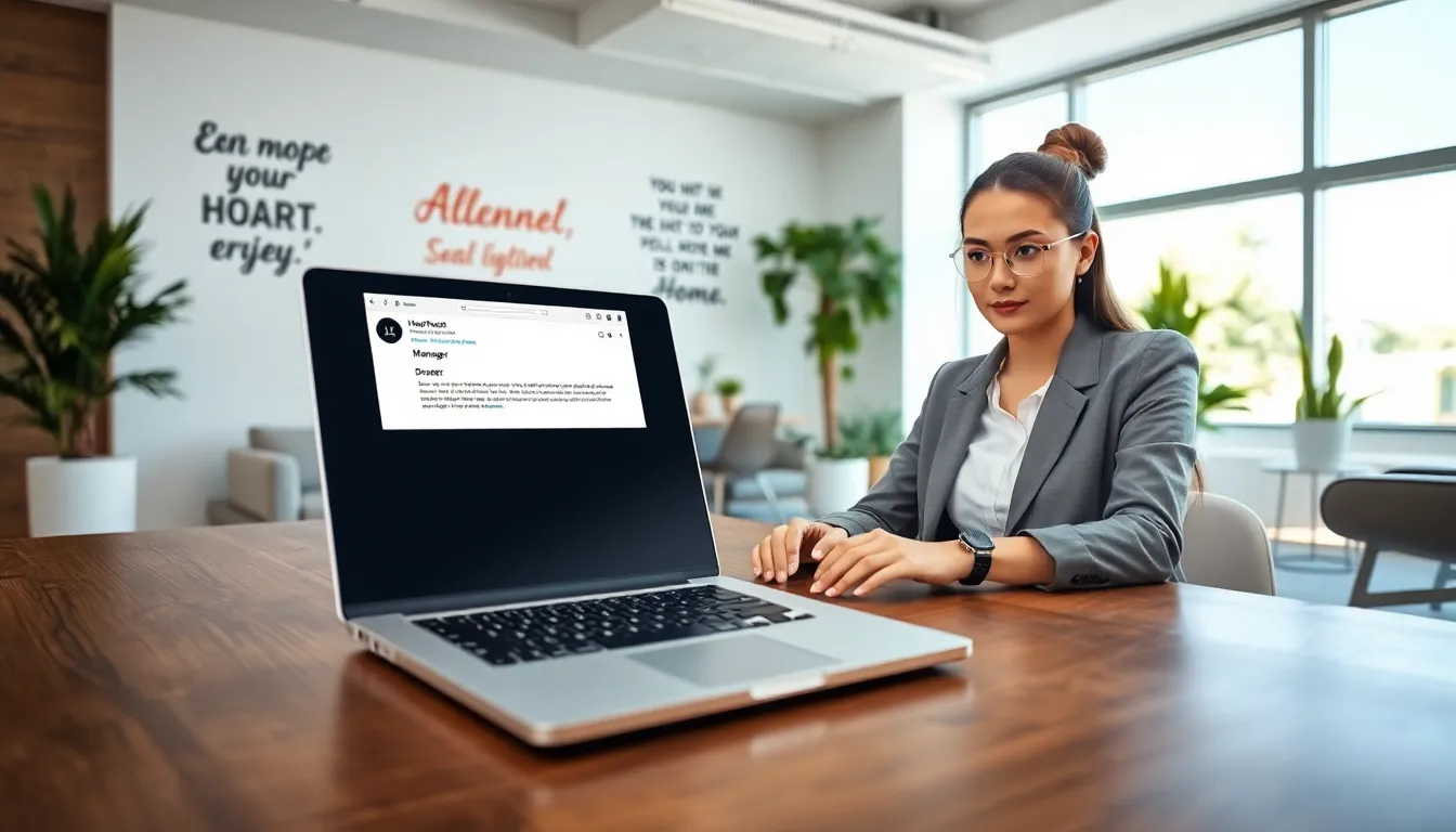 a young woman typing an email in a modern office setting.