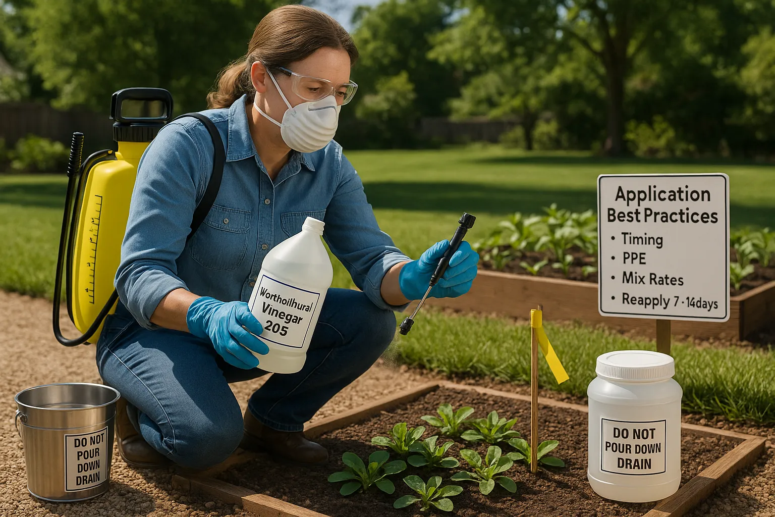 Person in PPE calibrating a backpack sprayer for horticultural vinegar spot treatment.