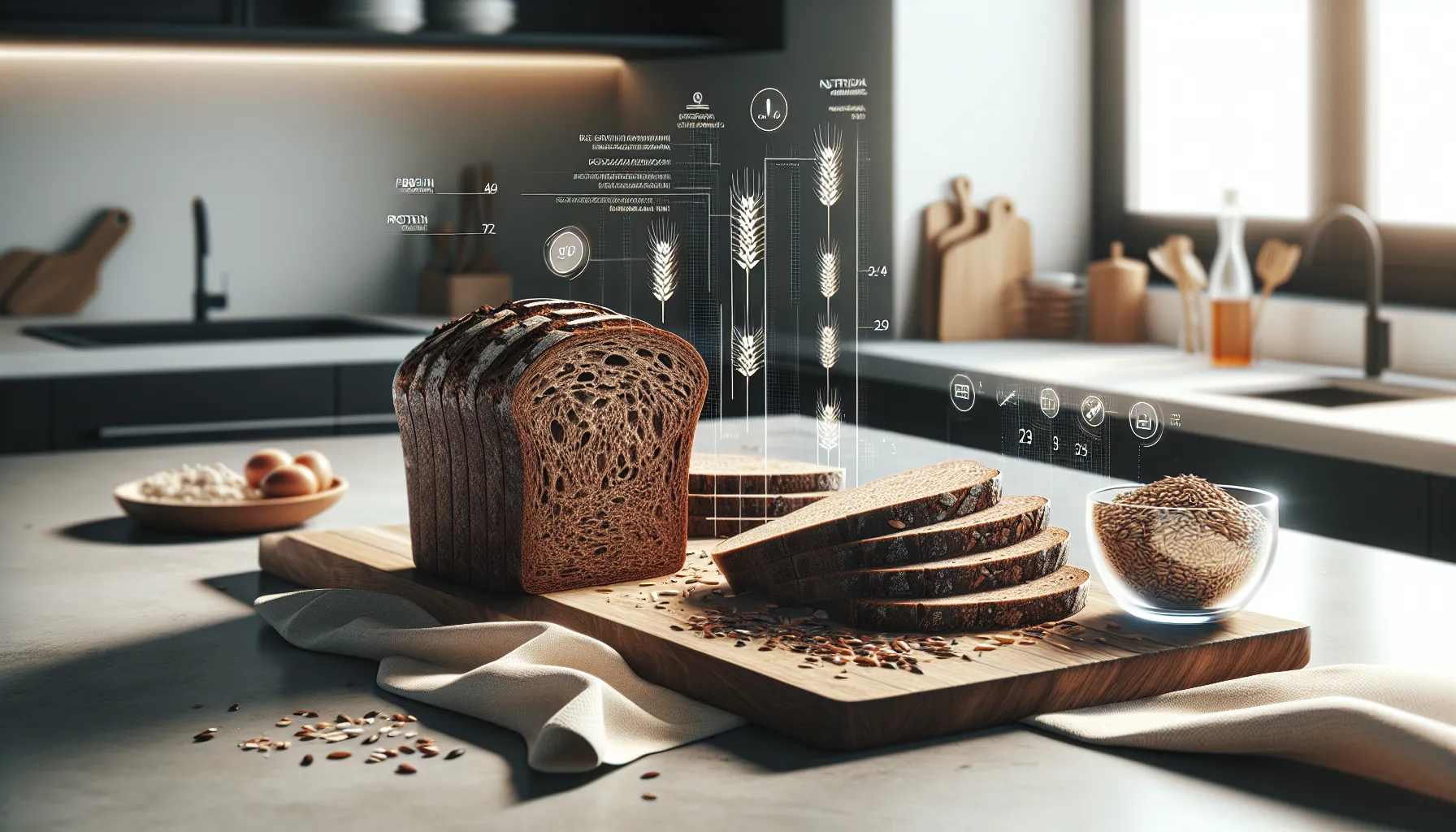 Slices of rye bread and nutrition icons on a wooden board.