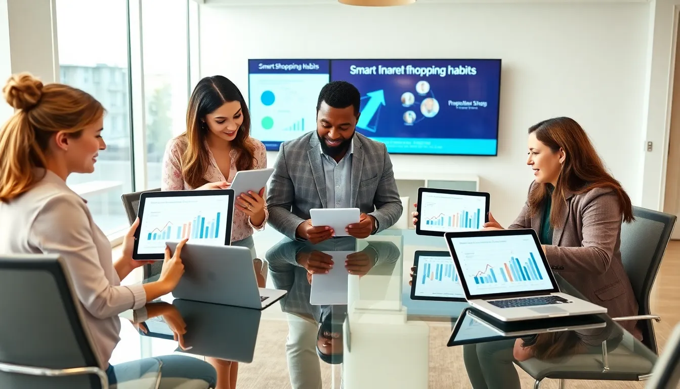 diverse team discussing smart shopping strategies in a modern office.