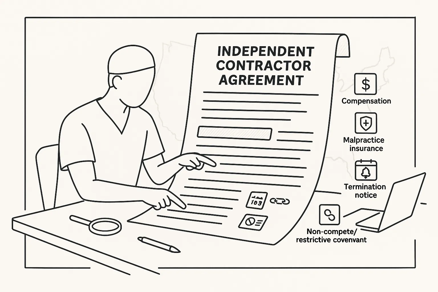 Physician Assistant reviewing an independent contractor agreement with legal icons.