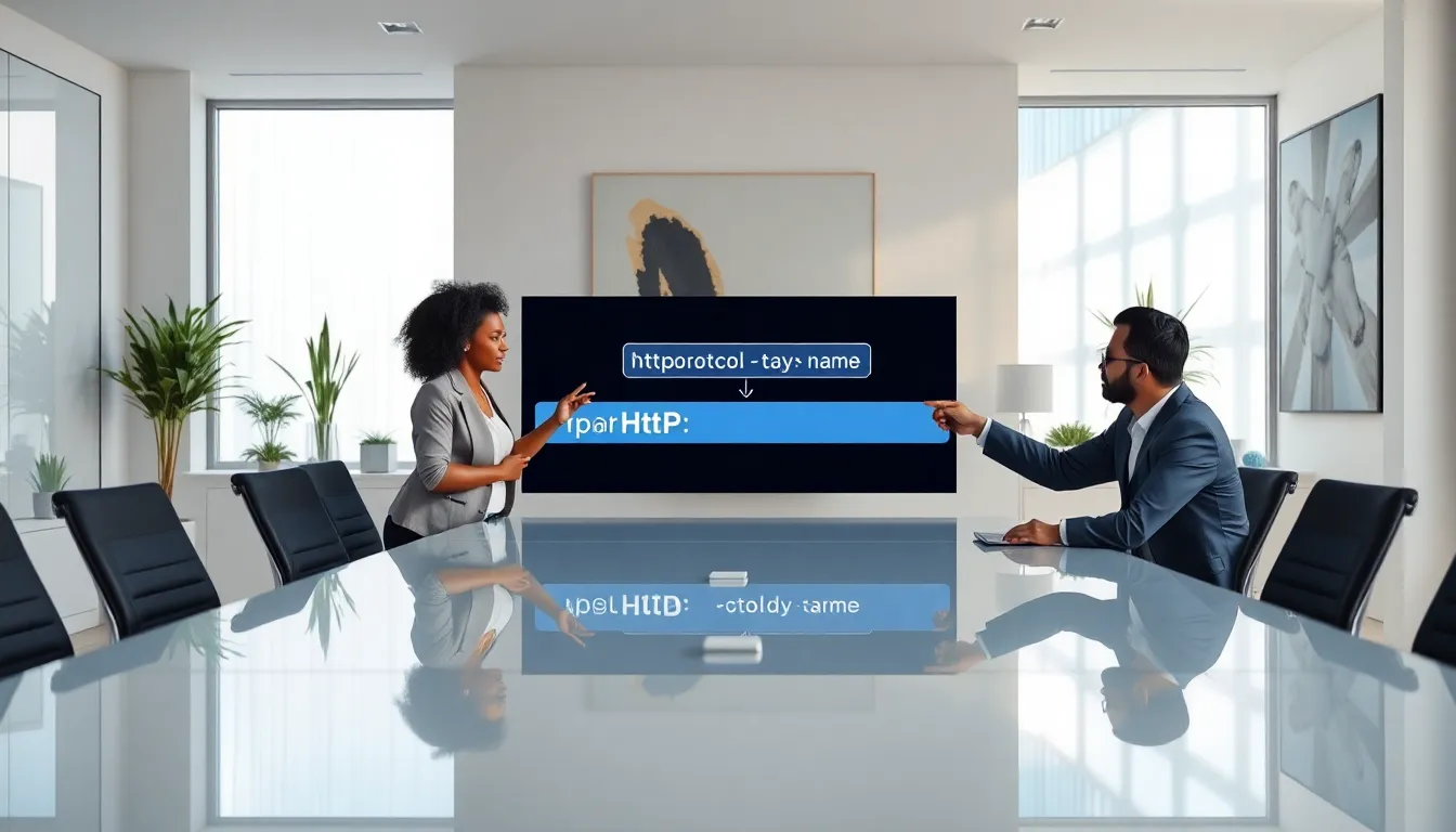 professionals discussing web address structure in a modern conference room.