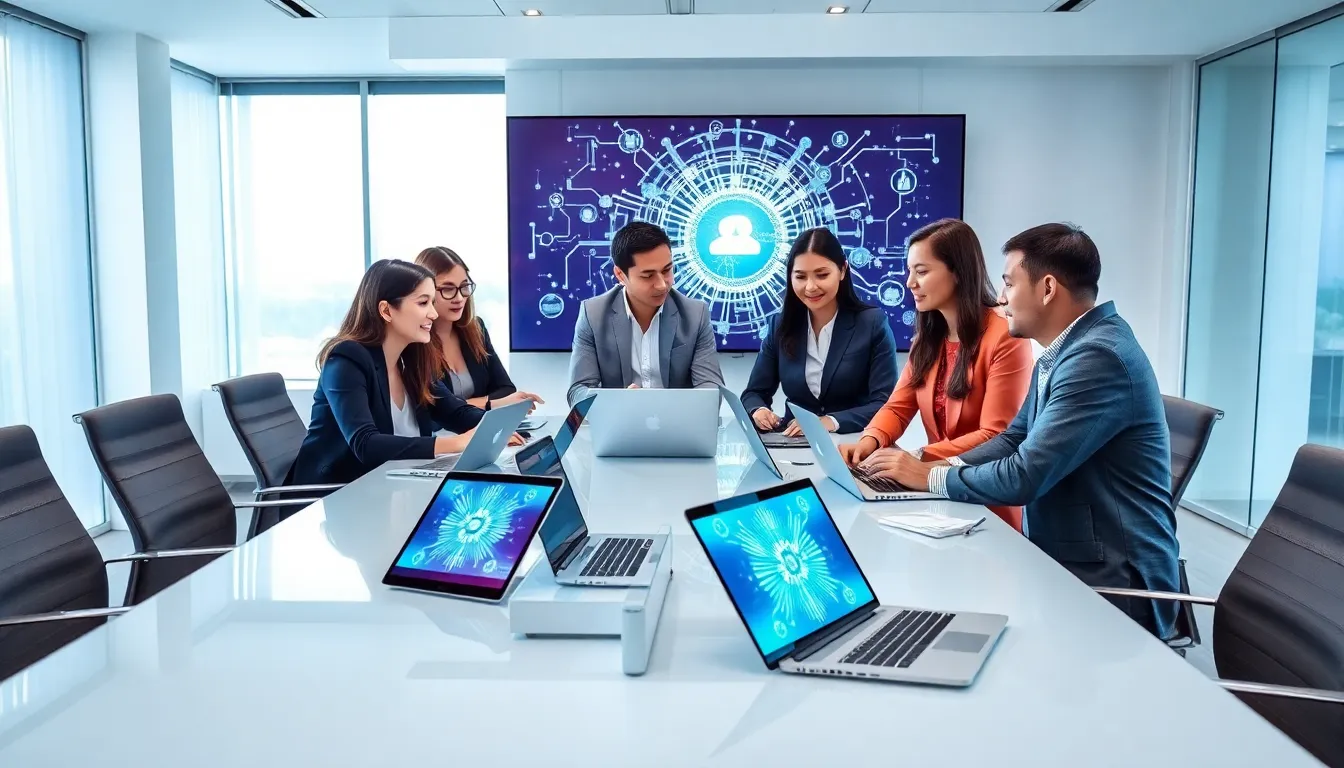 diverse team discussing digital solutions in a modern office.