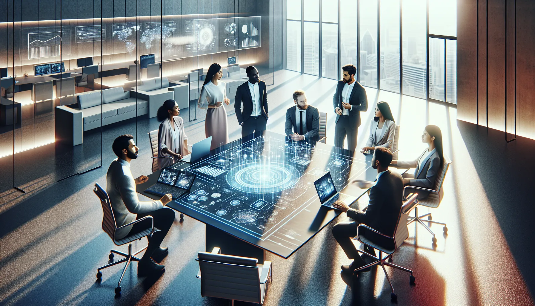 diverse team discussing an advanced digital solution in a modern office.