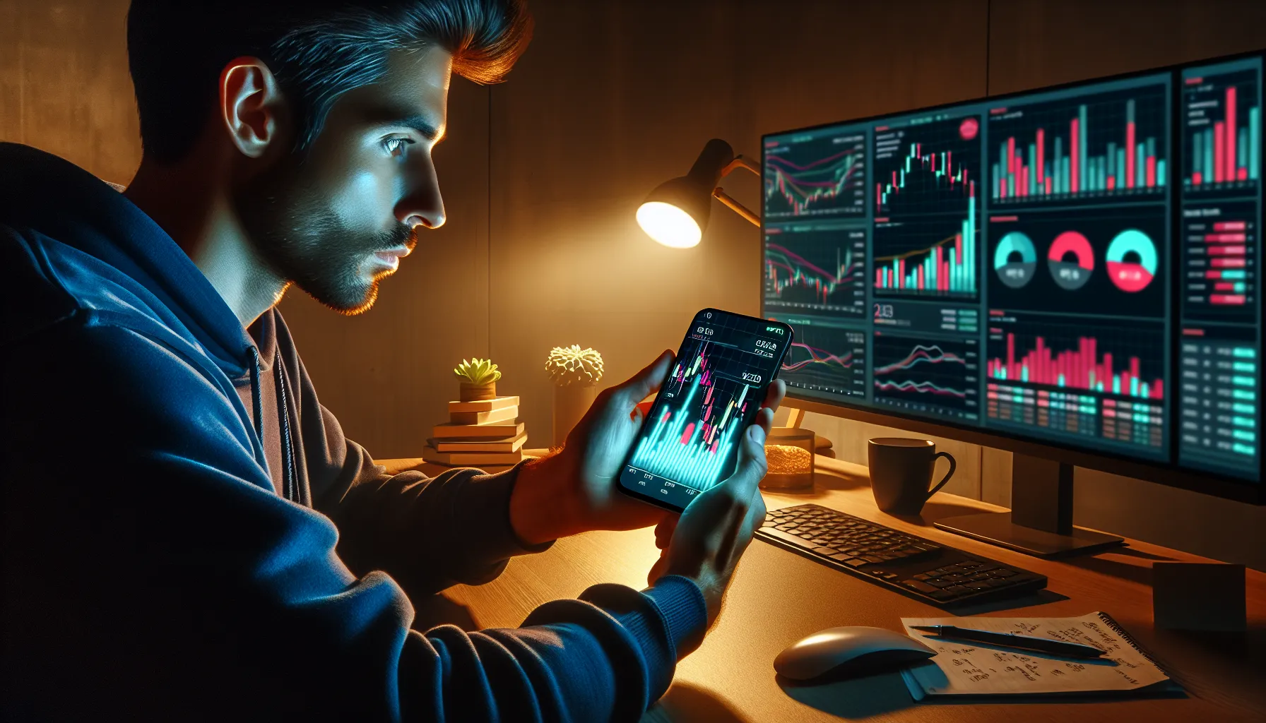 Trader holding smartphone displaying Floki Inu cryptocurrency charts and price predictions at desk.