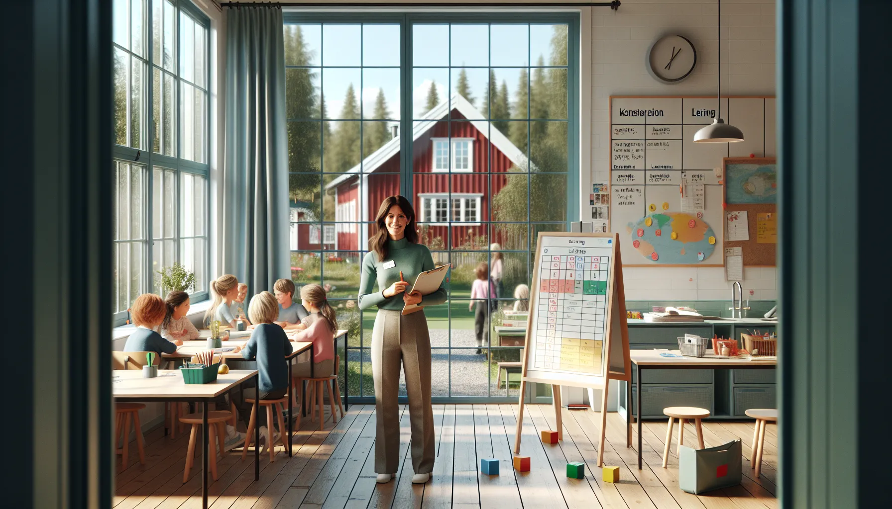 Norwegian teacher planning active lessons on a whiteboard with simple classroom equipment.