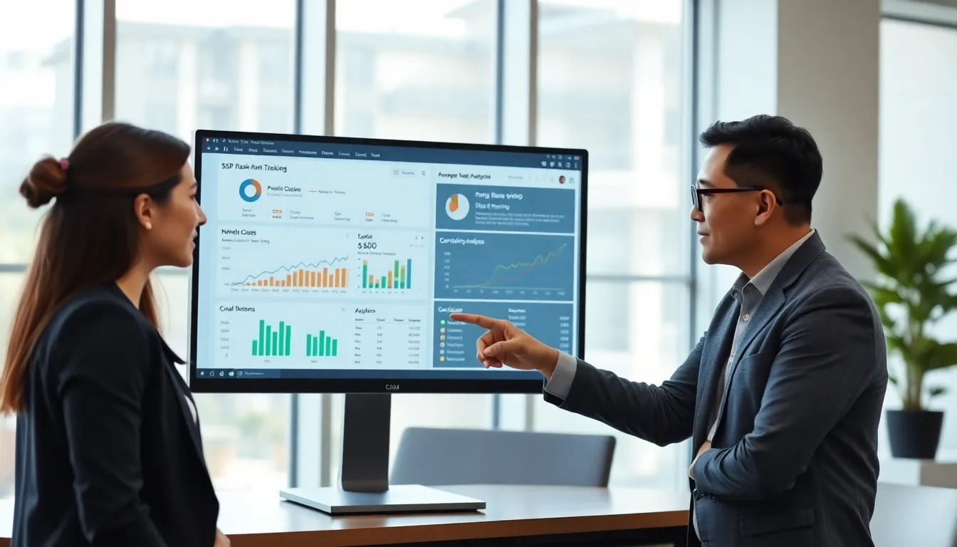 professionals discussing SEO rank tracking software in a modern office.