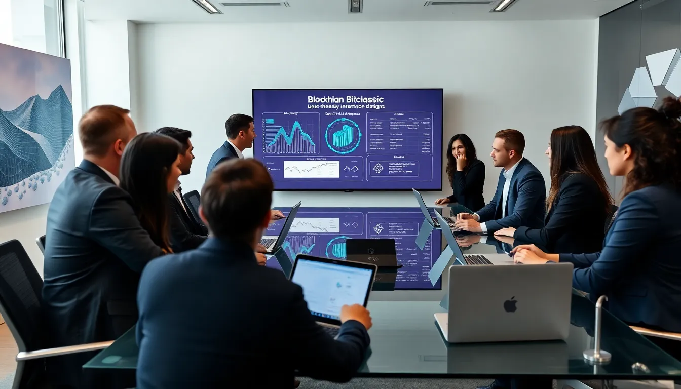 diverse team discussing Blockchain Bitclassic in a modern office.