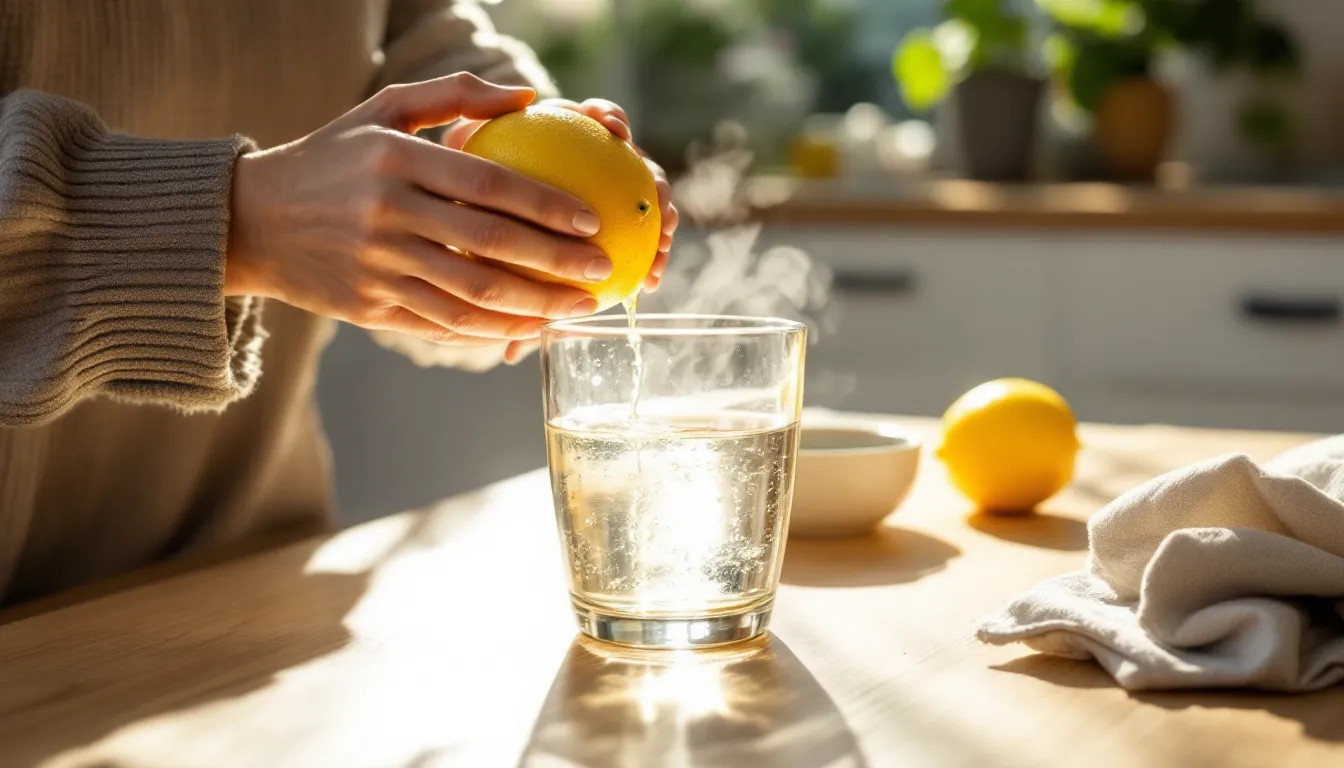 Hands squeezing lemon into a glass of warm water on a sunlit morning table.