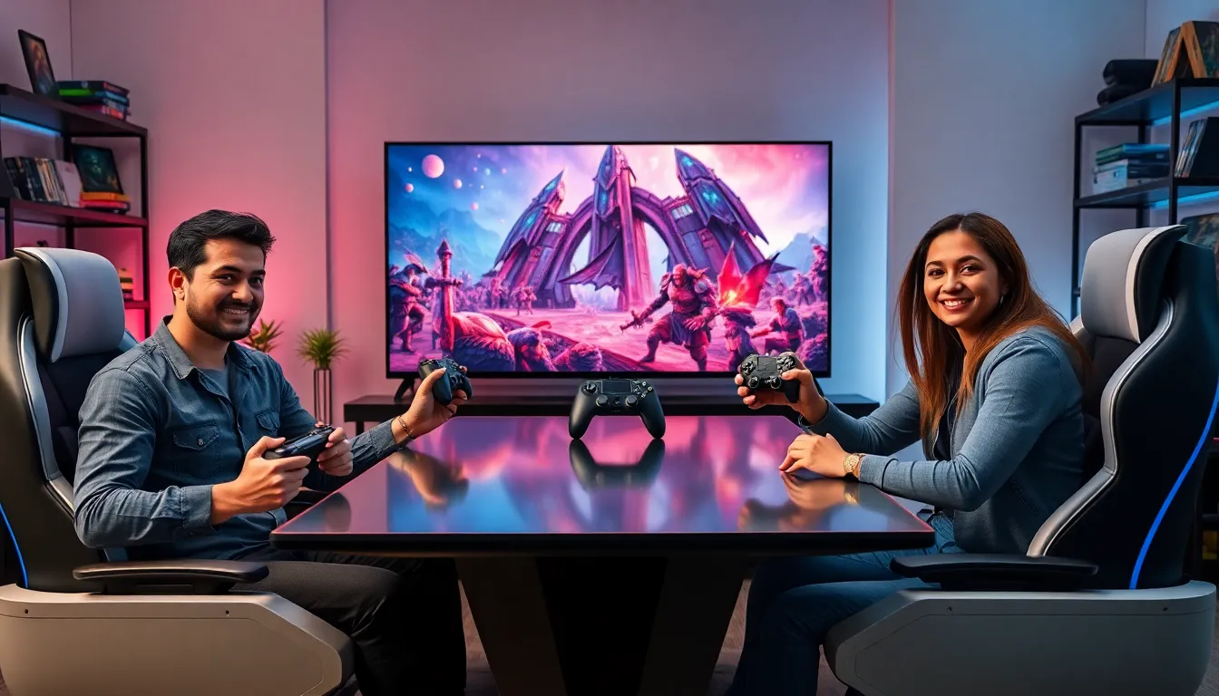 diverse gamers using controllers in a modern gaming setup.