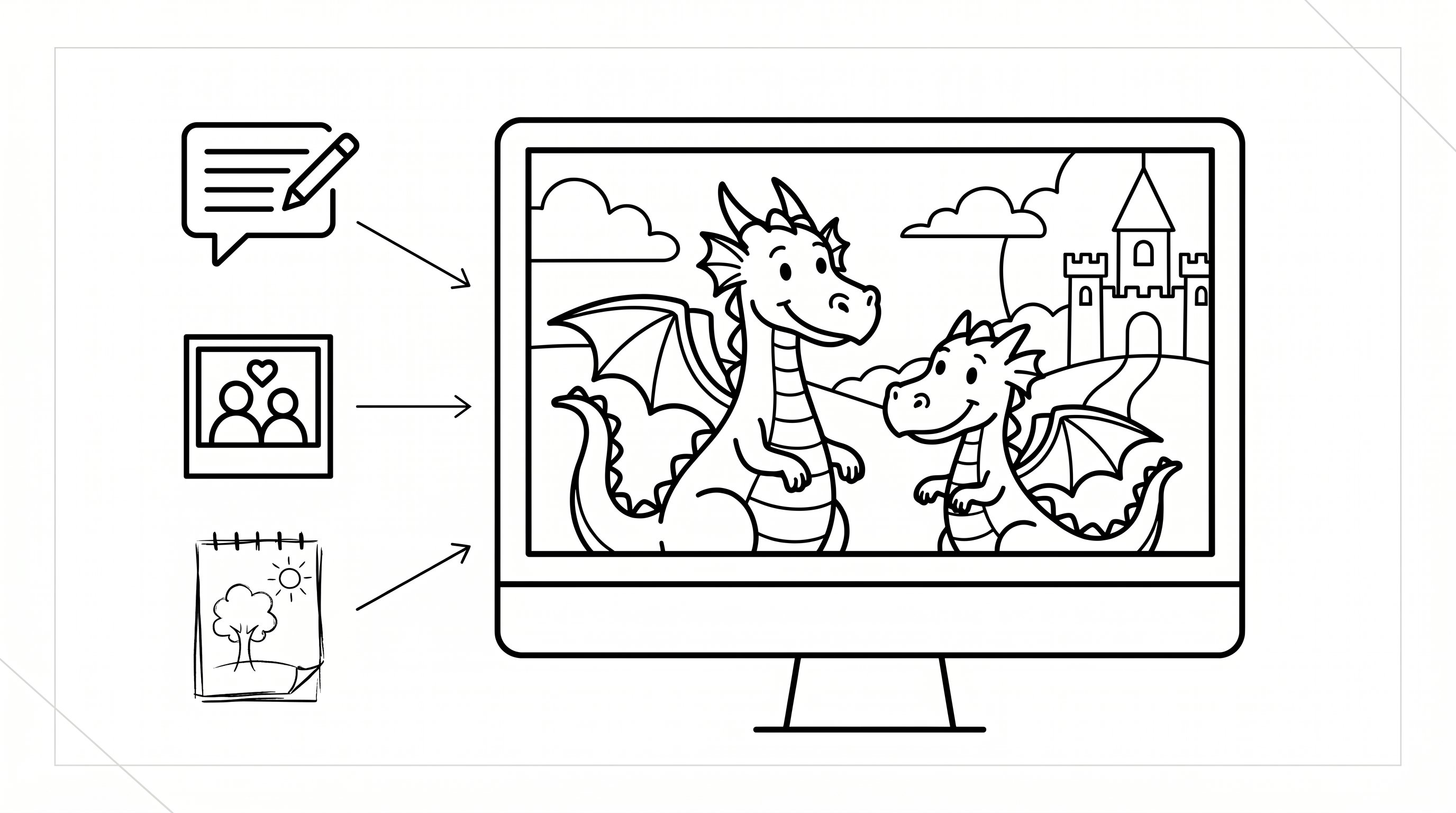 AI tool turning text, photo, and sketch into a clean coloring page.