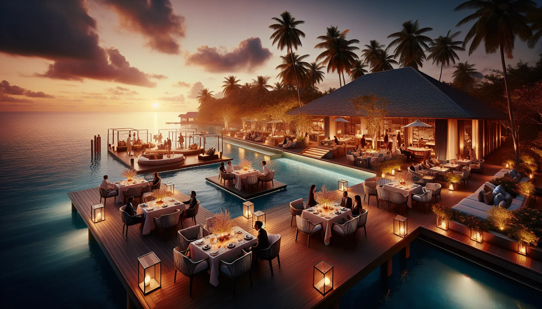 A seaside resort showing a personalized dining experience at sunset.