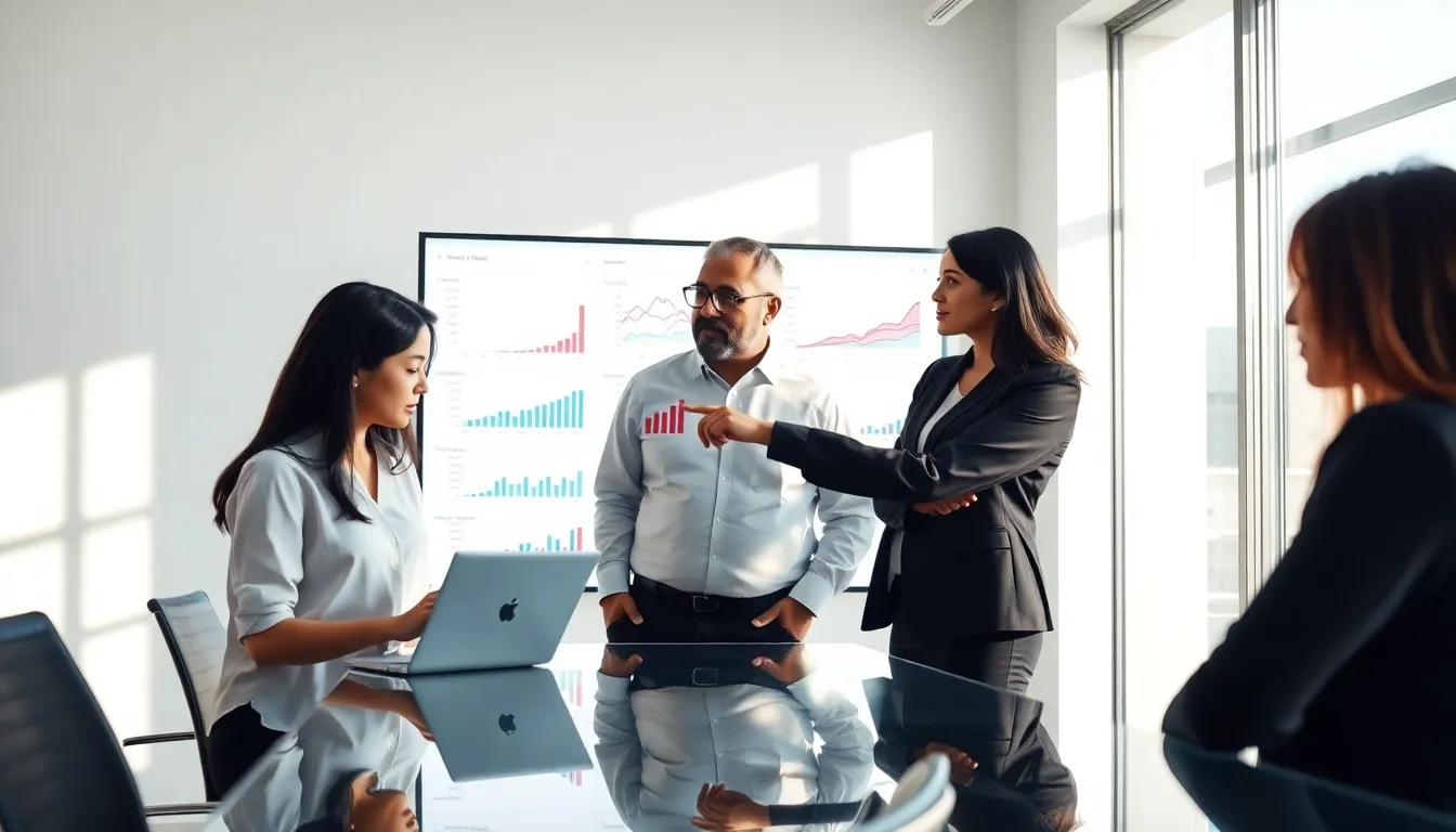 diverse team analyzing website themes in a modern office.