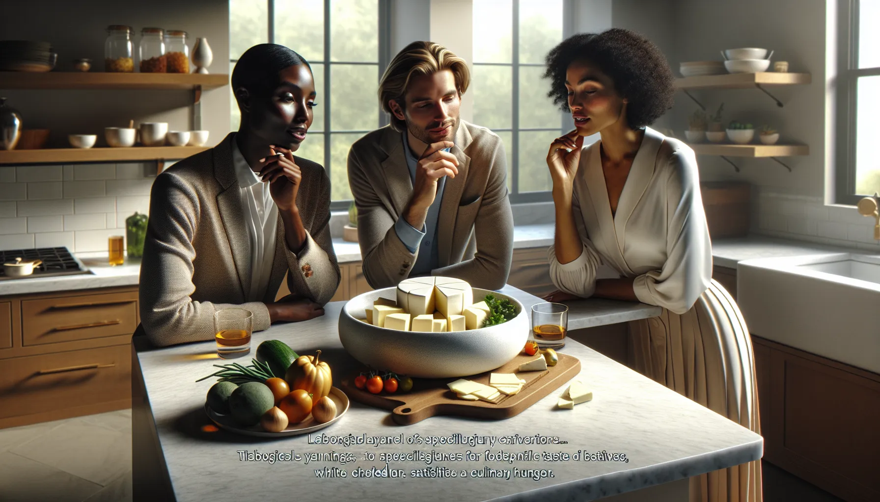 professionals discussing food cravings in a modern kitchen.