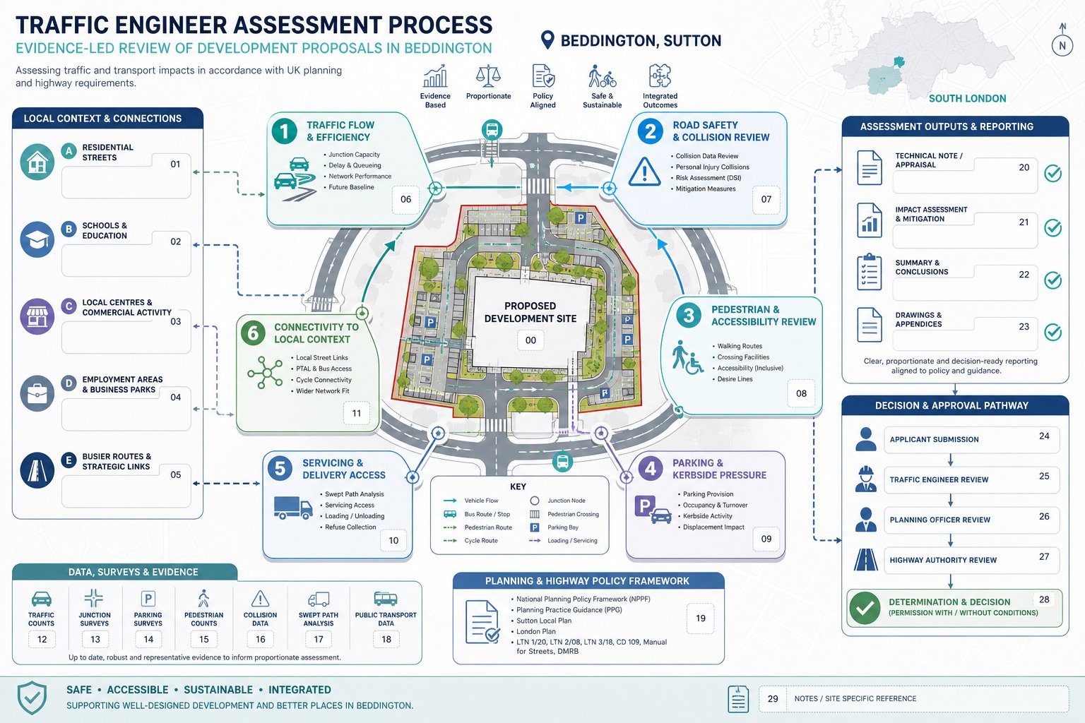 Infographic of traffic planning factors for a development site in Beddington.