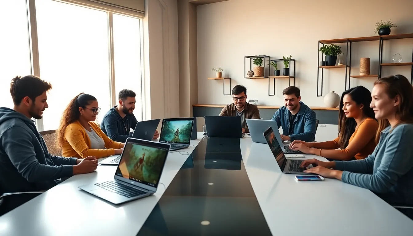 diverse gamers collaborating on the ck2generator tool in a modern workspace.