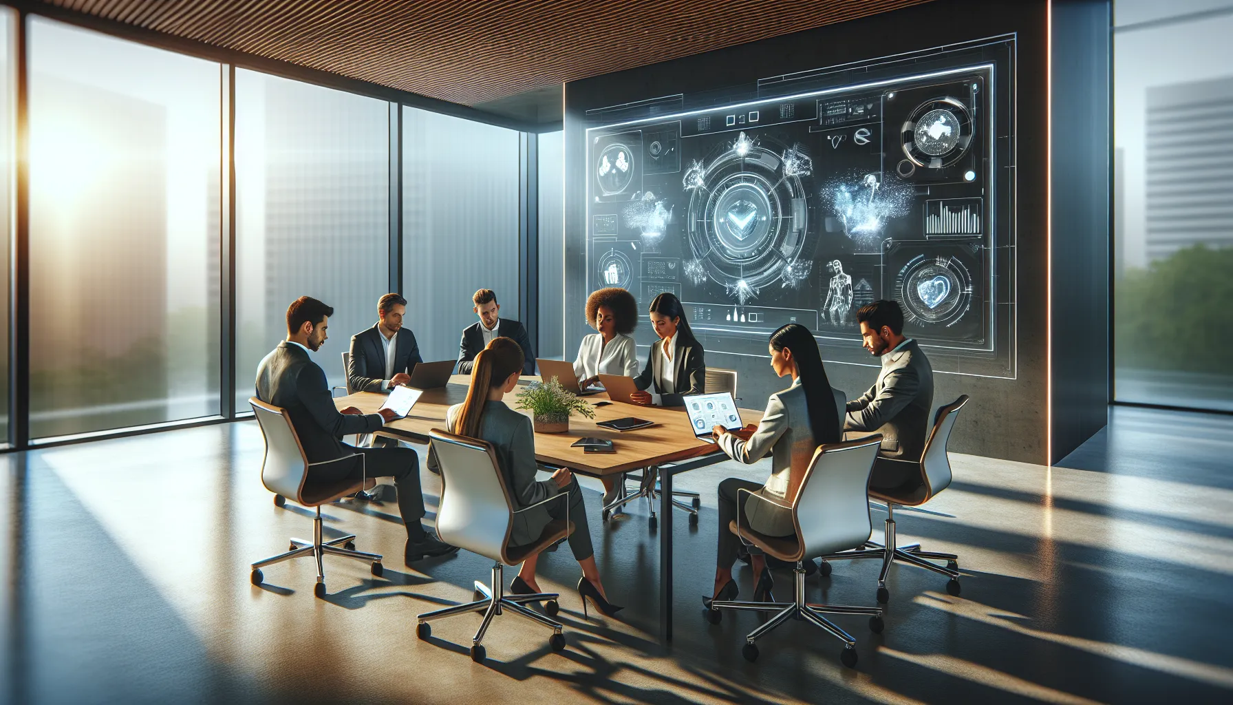 diverse team discussing future trends in a modern office.