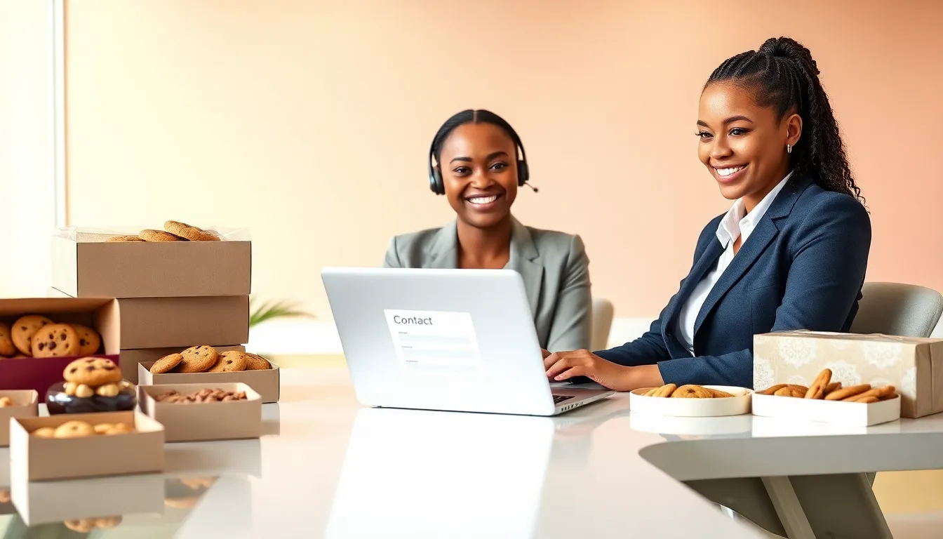 customer service representative at a modern office desk with cookies.