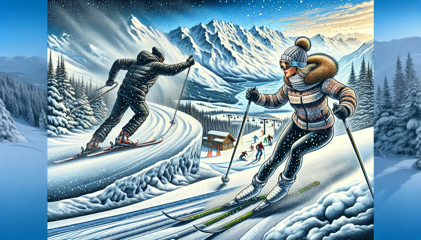 Cross-country and downhill skiing activities in a snowy mountain setting.