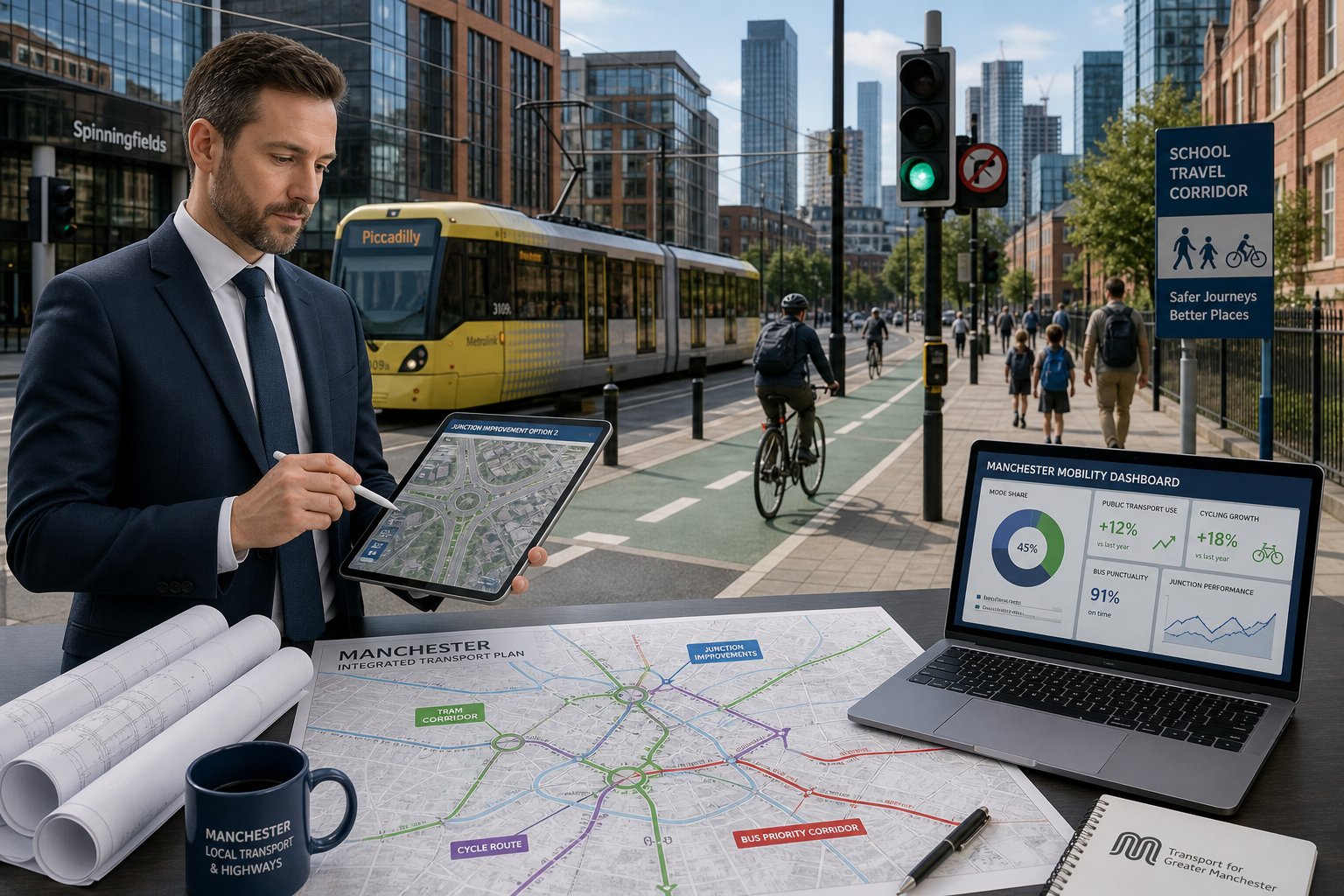 Traffic engineer reviewing Manchester transport plans in a modern office.