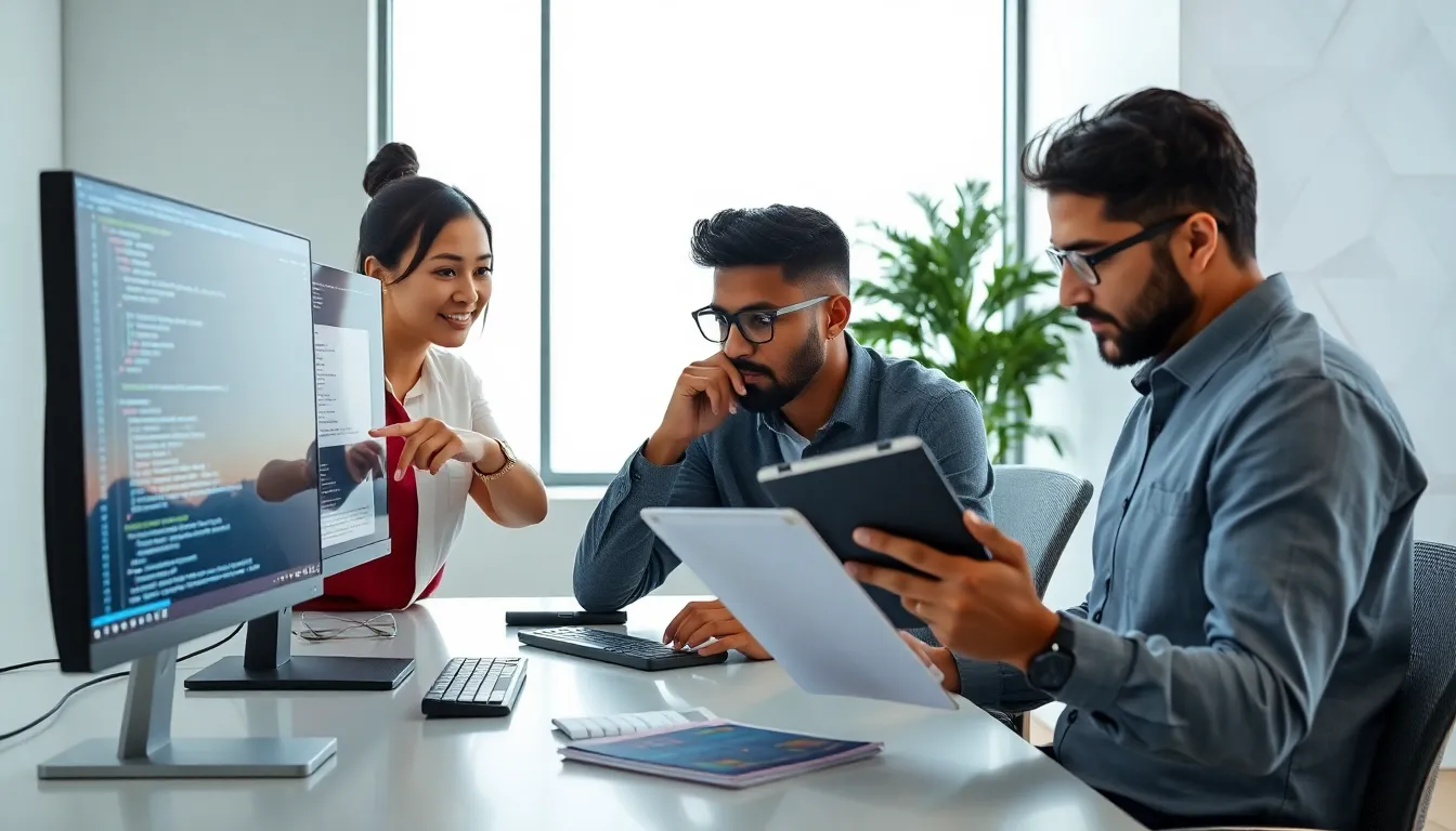 diverse team analyzing code error in a modern office.