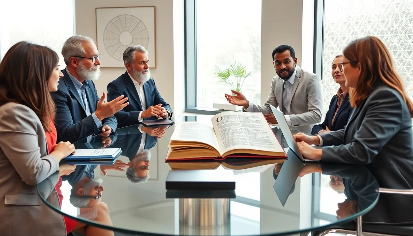 diverse scholars discussing historical concepts in a modern office.