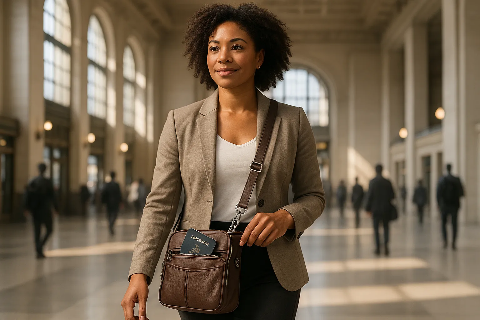 Traveler with a secure leather handbag in a bright train station.