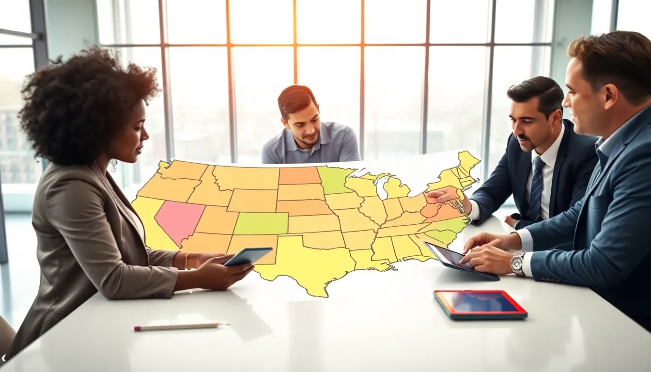 professionals discussing a detailed political map of the United States.