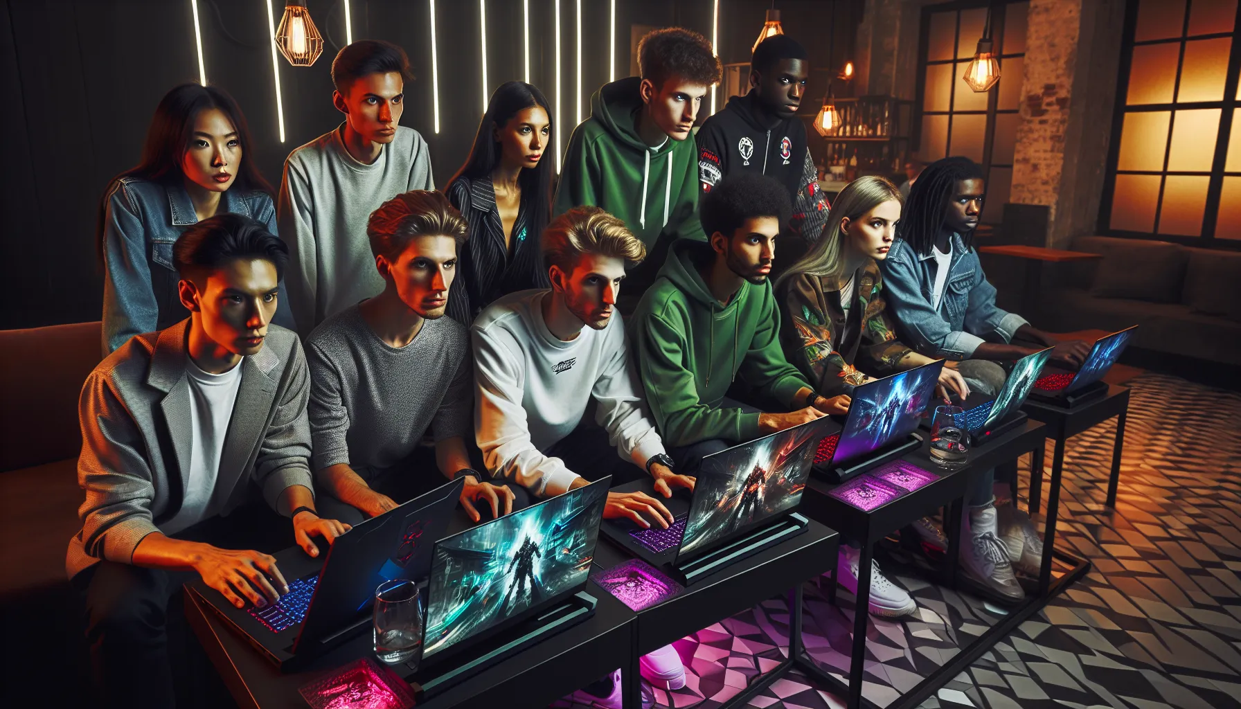 diverse gamers enjoying gameplay in a modern gaming lounge.