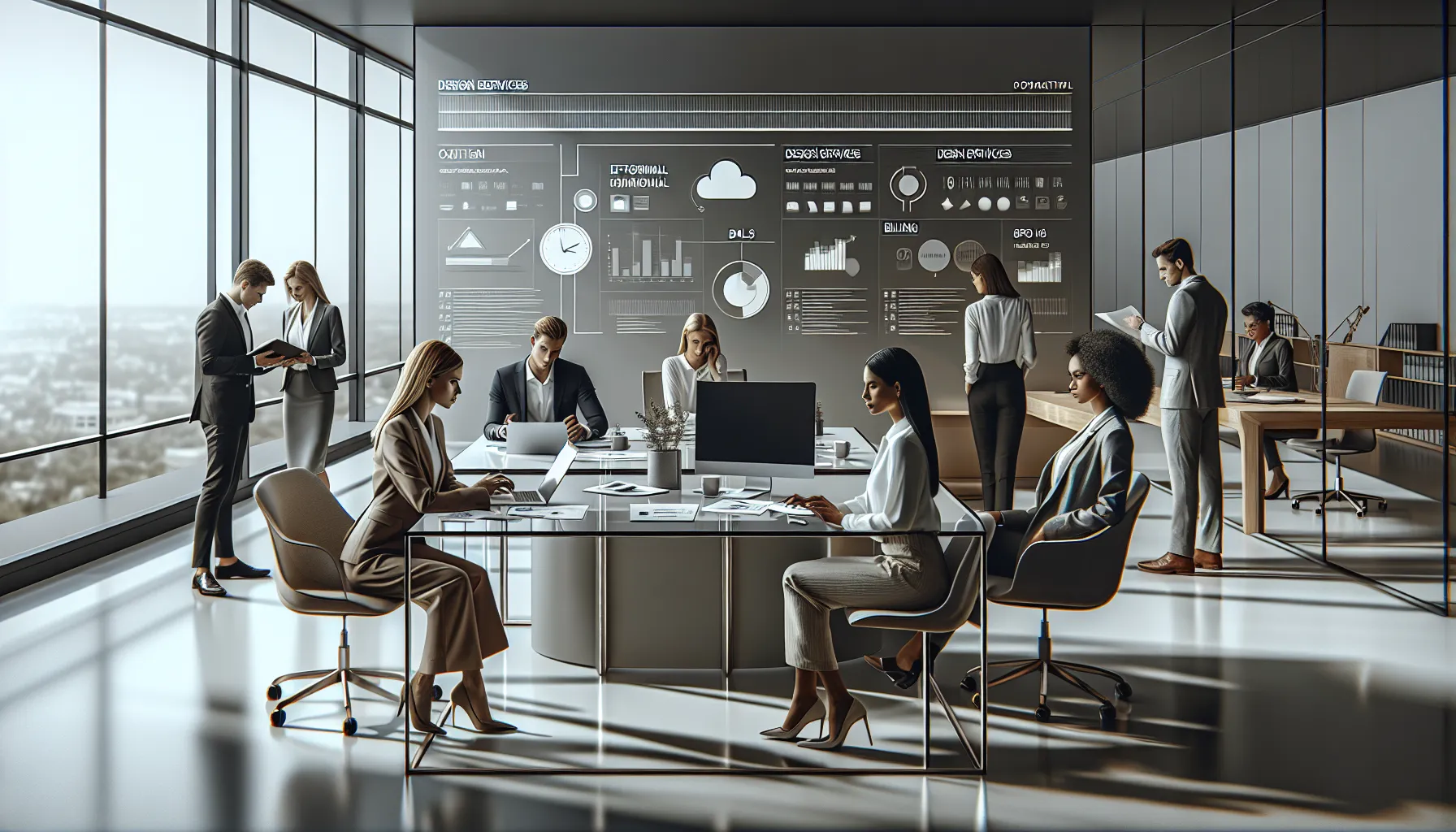 modern office scene focusing on contact information and team collaboration.