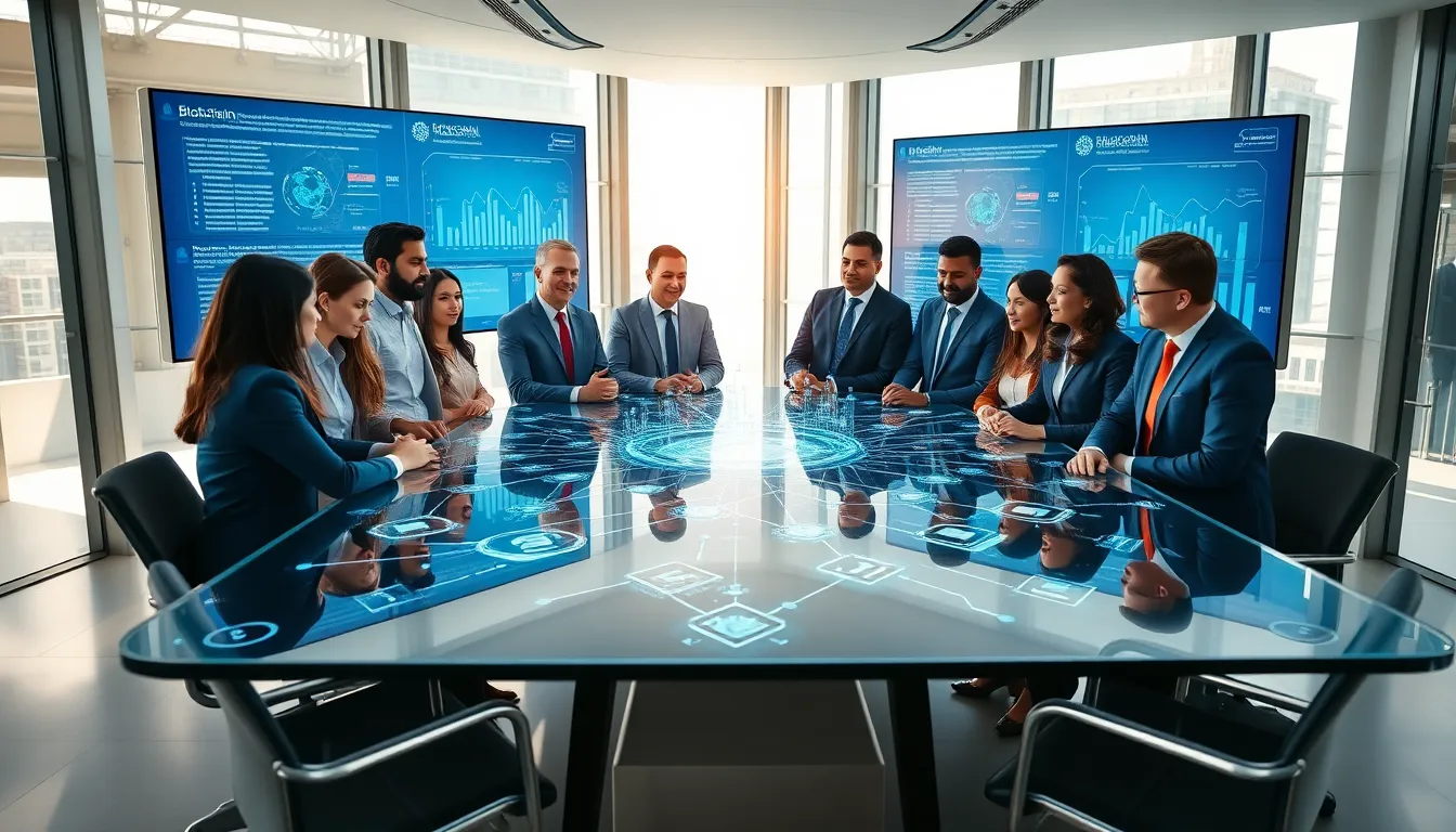 diverse team discussing blockchain technology in a modern office.